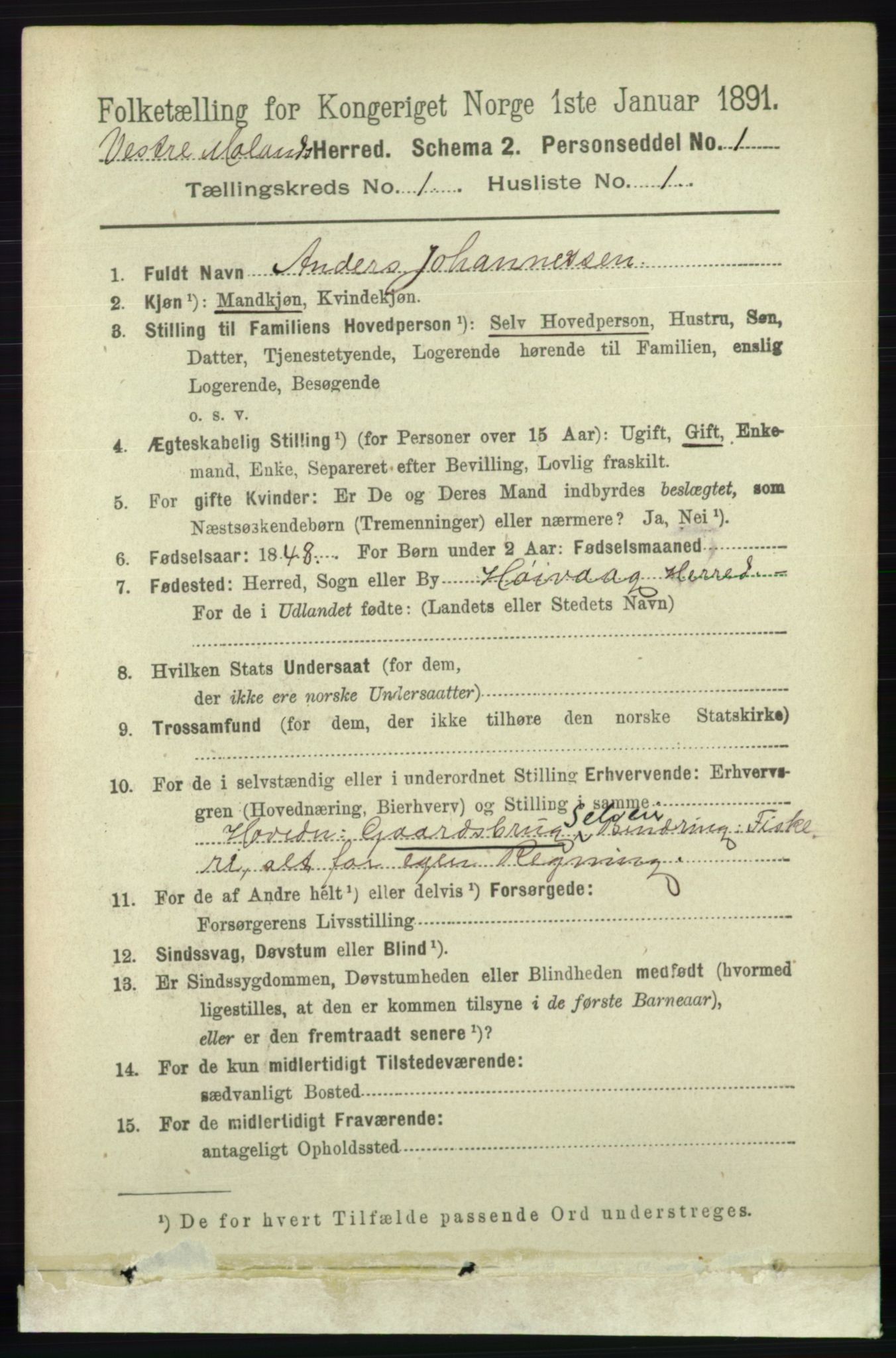 RA, 1891 census for 0926 Vestre Moland, 1891, p. 109