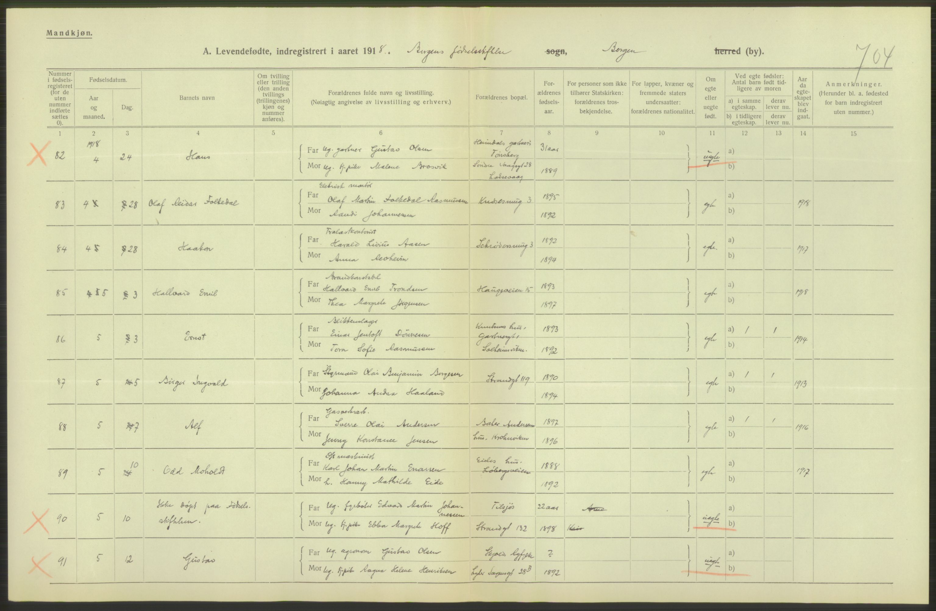 Statistisk sentralbyrå, Sosiodemografiske emner, Befolkning, AV/RA-S-2228/D/Df/Dfb/Dfbh/L0037: Bergen: Levendefødte menn og kvinner., 1918, p. 60