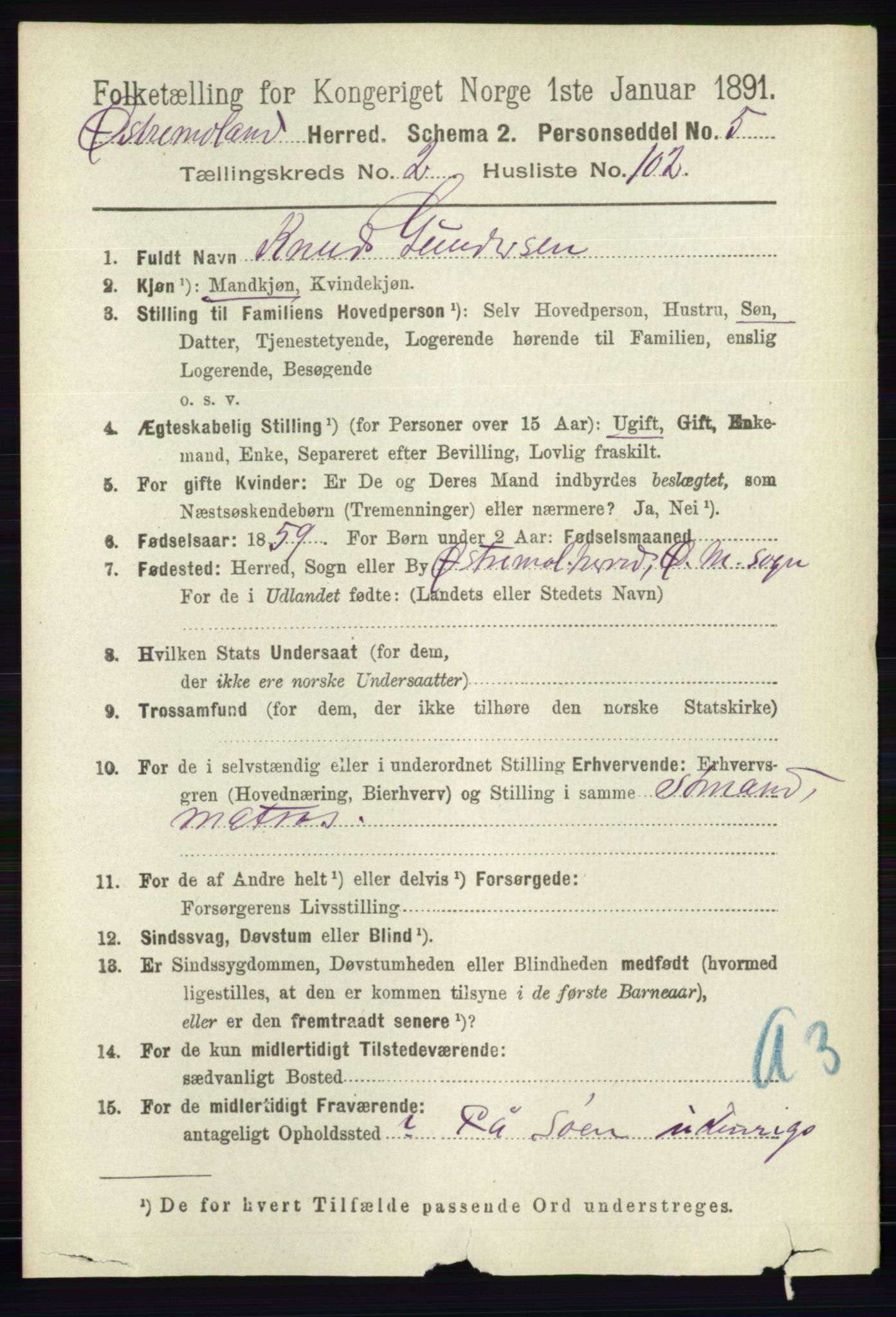 RA, 1891 census for 0918 Austre Moland, 1891, p. 1285