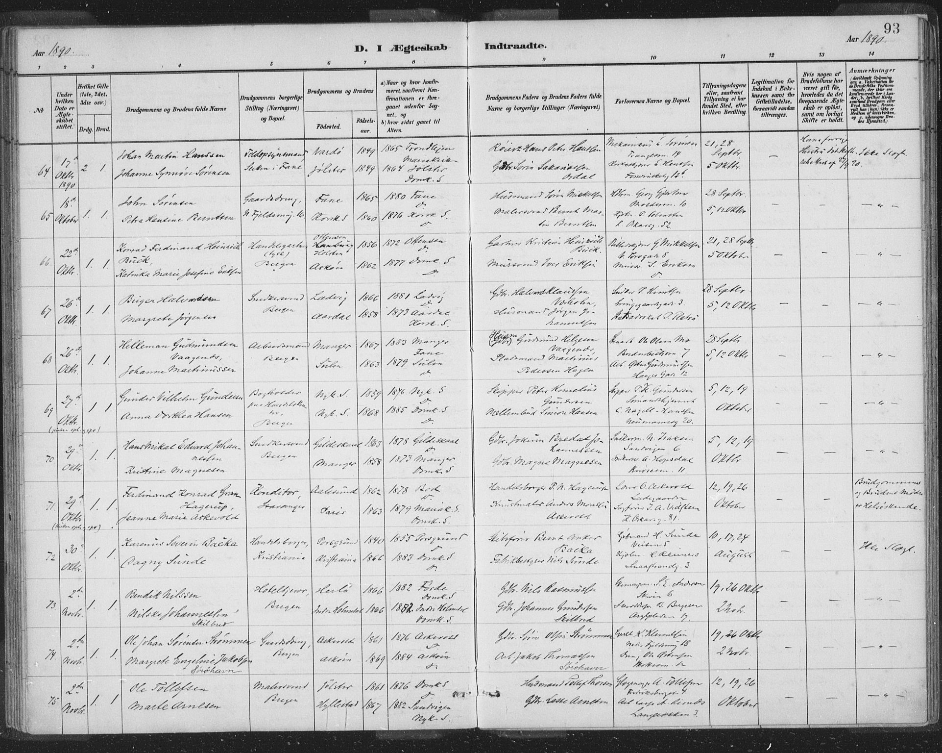 Domkirken sokneprestembete, SAB/A-74801/H/Hab/L0032: Parish register (copy) no. D 4, 1880-1907, p. 93