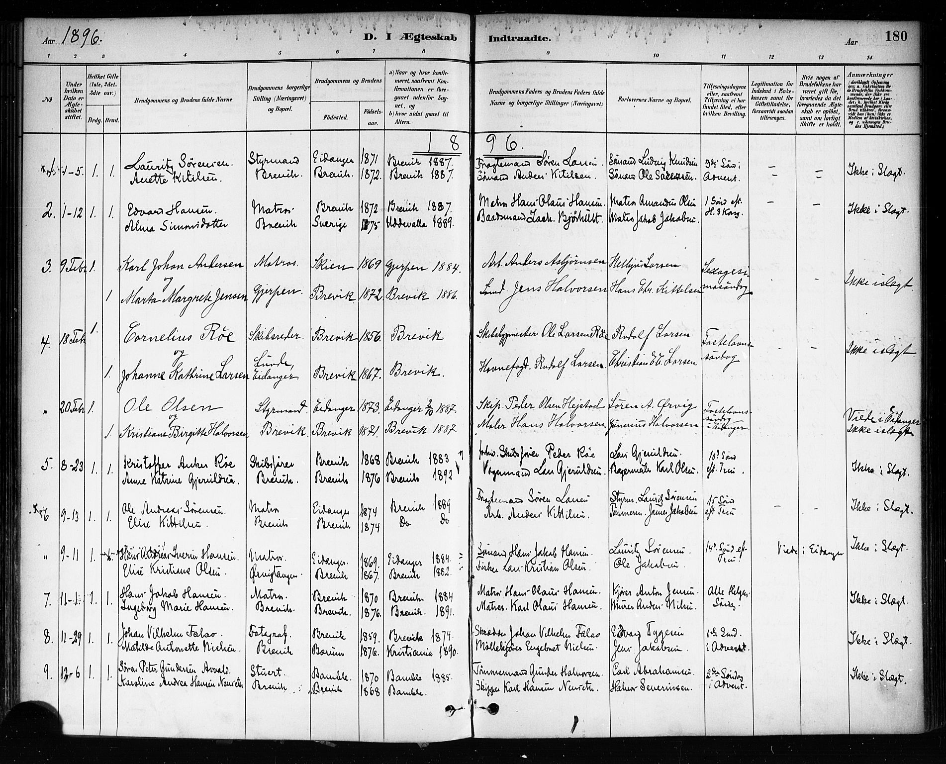 Brevik kirkebøker, SAKO/A-255/F/Fa/L0007: Parish register (official) no. 7, 1882-1900, p. 180