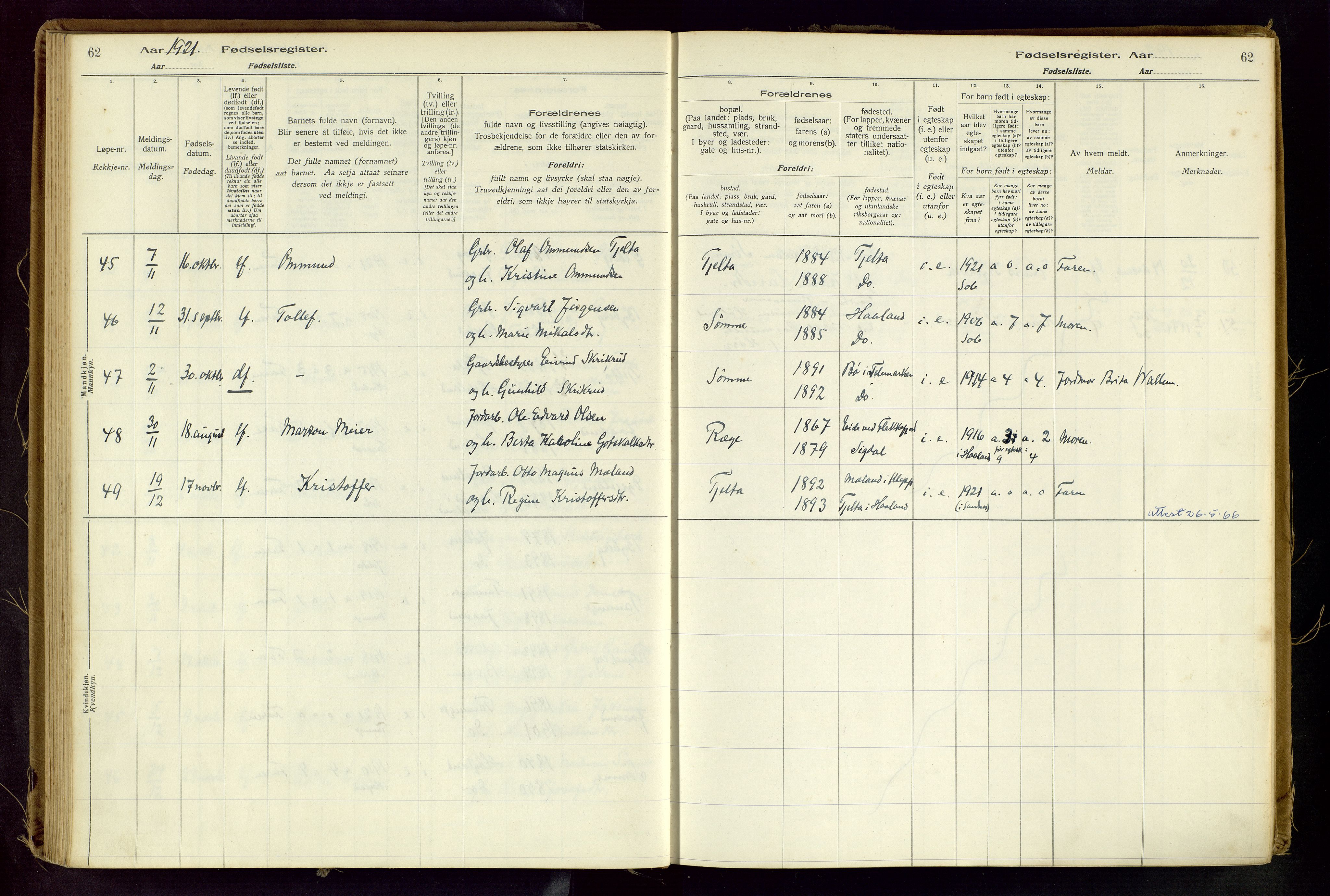 Håland sokneprestkontor, AV/SAST-A-101802/001/704BA/L0001: Birth register no. 1, 1916-1936, p. 62