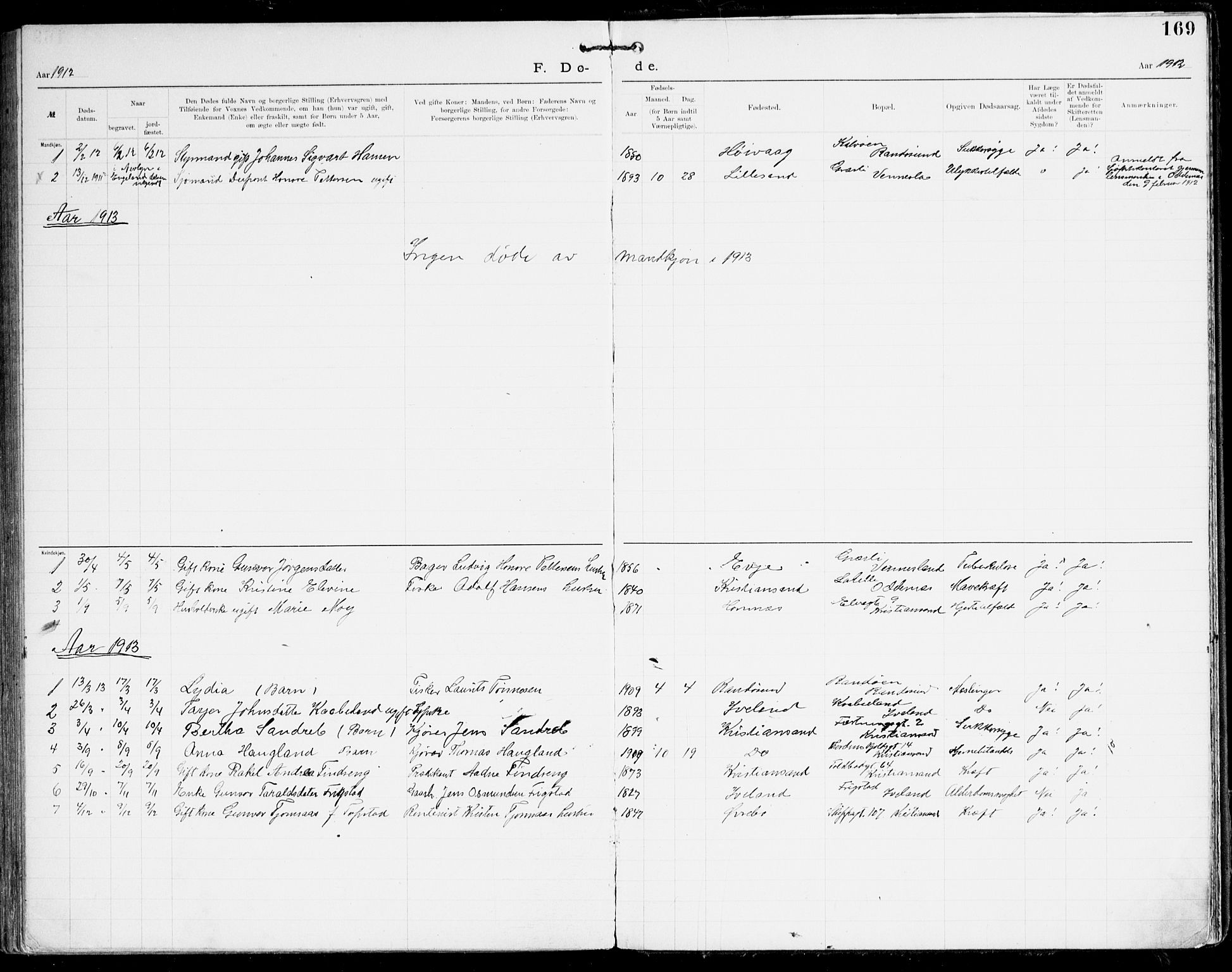 Den evangelisk-lutherske frikirke, Kristiansand, AV/SAK-1292-0017/F/Fa/L0003: Dissenter register no. F 11, 1892-1925, p. 169