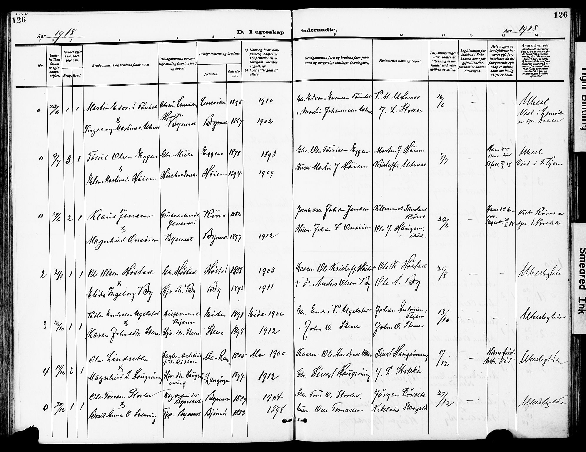 Ministerialprotokoller, klokkerbøker og fødselsregistre - Sør-Trøndelag, SAT/A-1456/612/L0388: Parish register (copy) no. 612C04, 1909-1929, p. 126