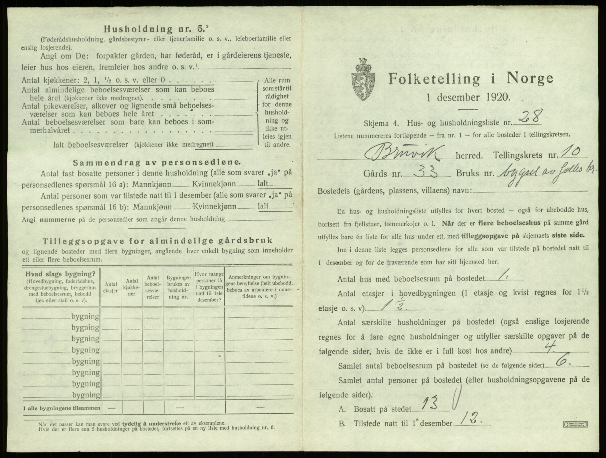 SAB, 1920 census for Bruvik, 1920, p. 818