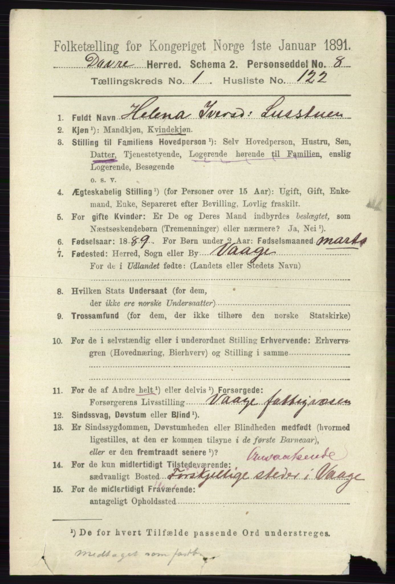 RA, 1891 census for 0511 Dovre, 1891, p. 791