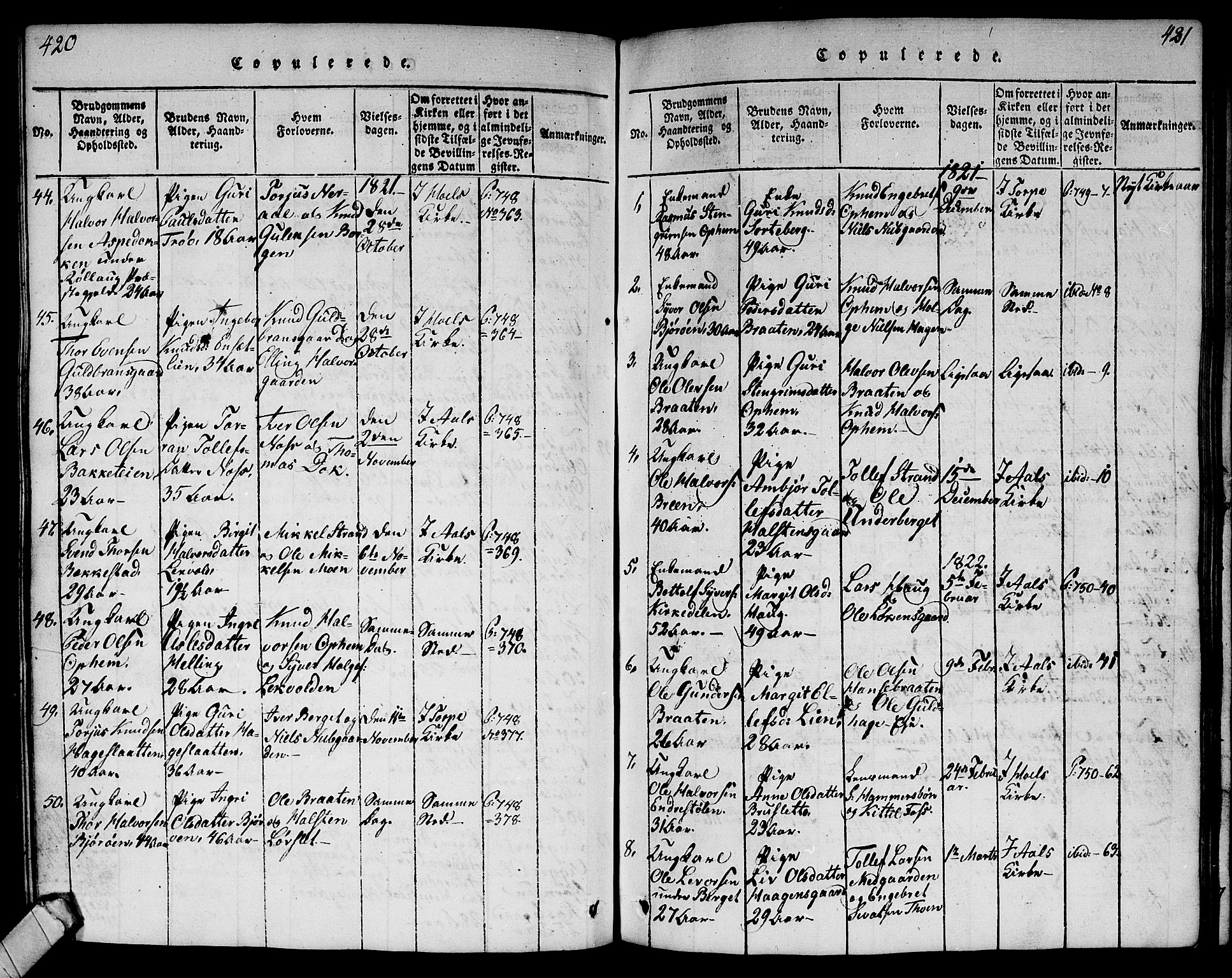 Ål kirkebøker, AV/SAKO-A-249/G/Ga/L0001: Parish register (copy) no. 1, 1815-1829, p. 420-421