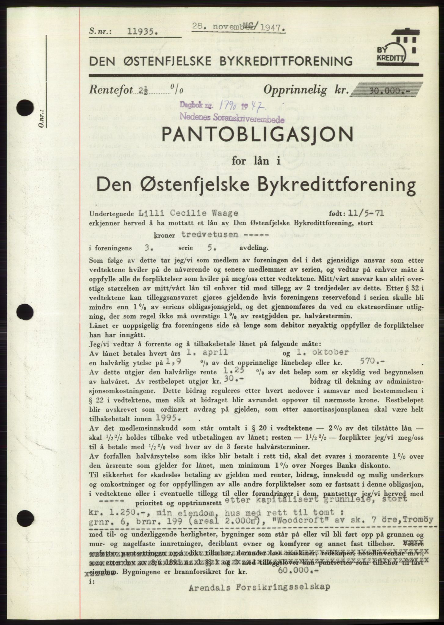 Nedenes sorenskriveri, AV/SAK-1221-0006/G/Gb/Gbb/L0004: Mortgage book no. B4, 1947-1947, Diary no: : 1790/1947