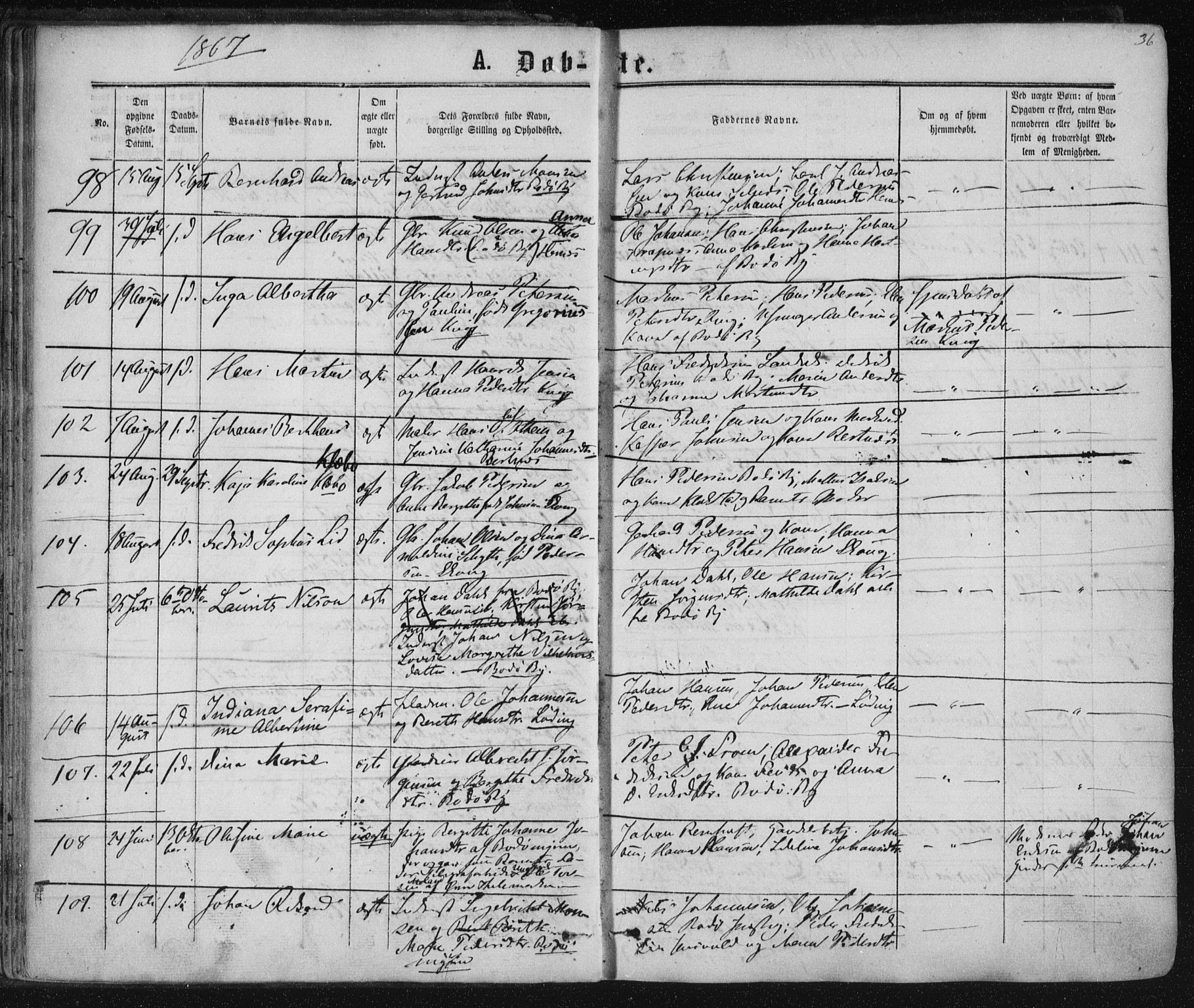 Ministerialprotokoller, klokkerbøker og fødselsregistre - Nordland, SAT/A-1459/801/L0008: Parish register (official) no. 801A08, 1864-1875, p. 36