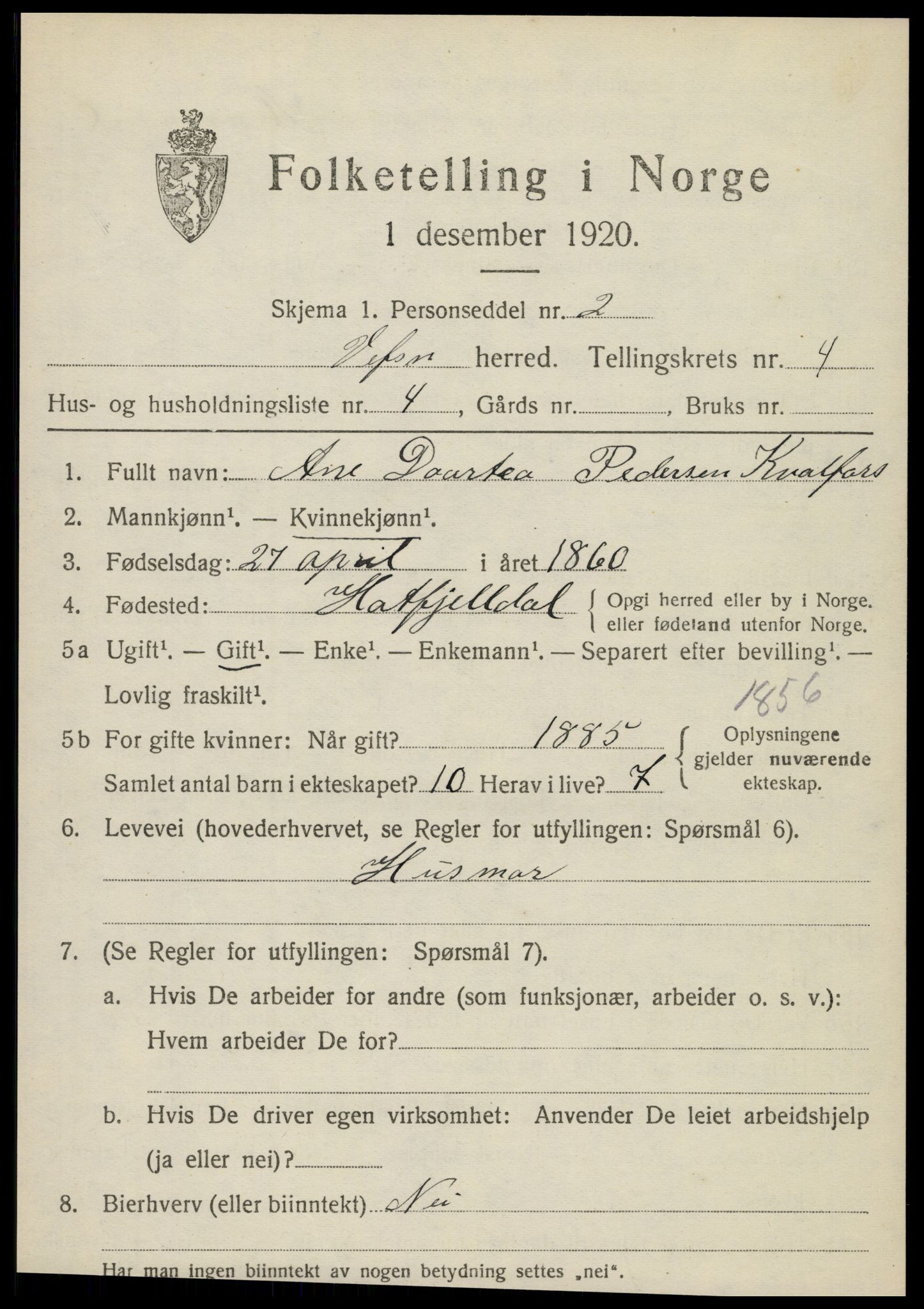 SAT, 1920 census for Vefsn, 1920, p. 2885