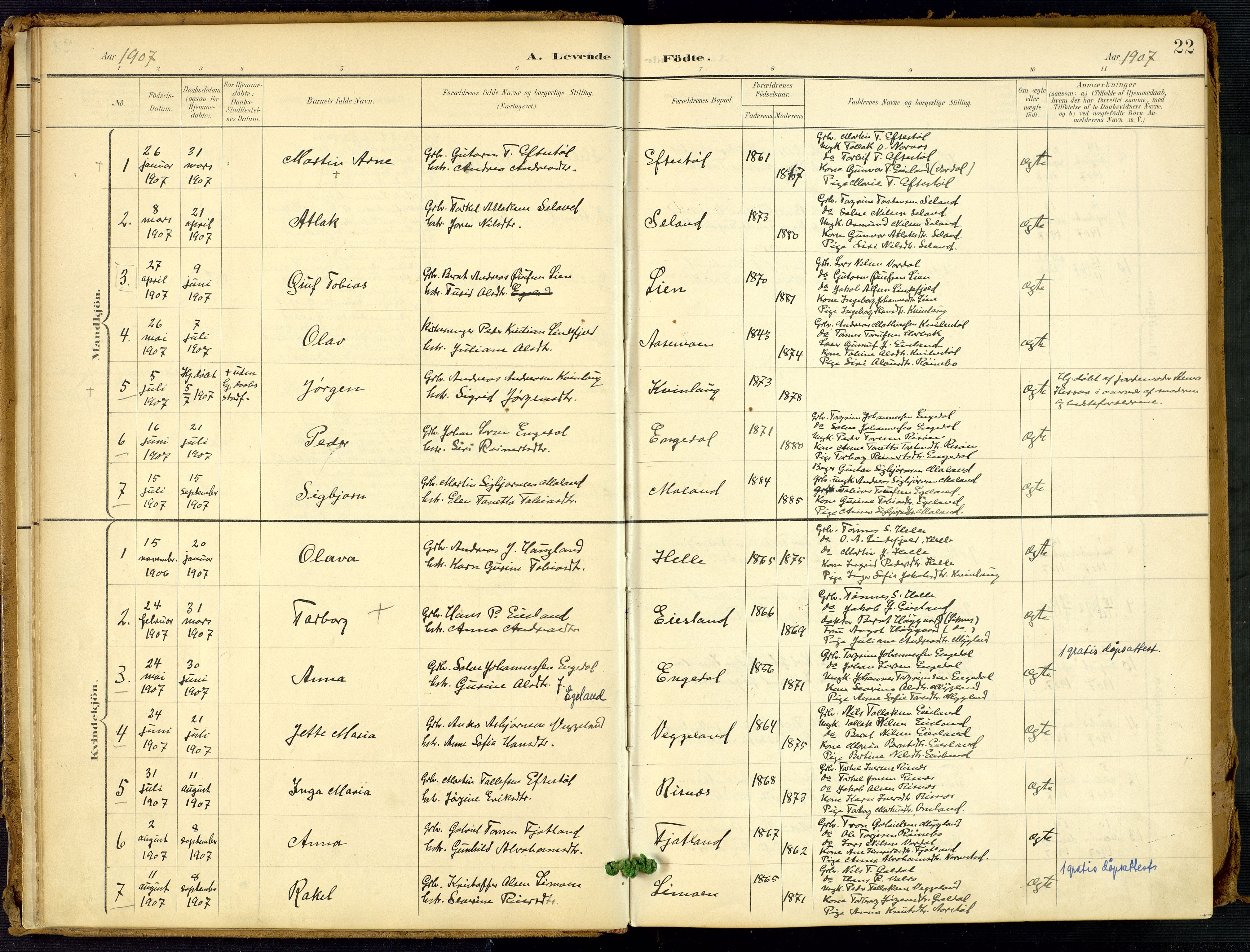 Fjotland sokneprestkontor, AV/SAK-1111-0010/F/Fa/L0003: Parish register (official) no. A 3, 1899-1917, p. 22