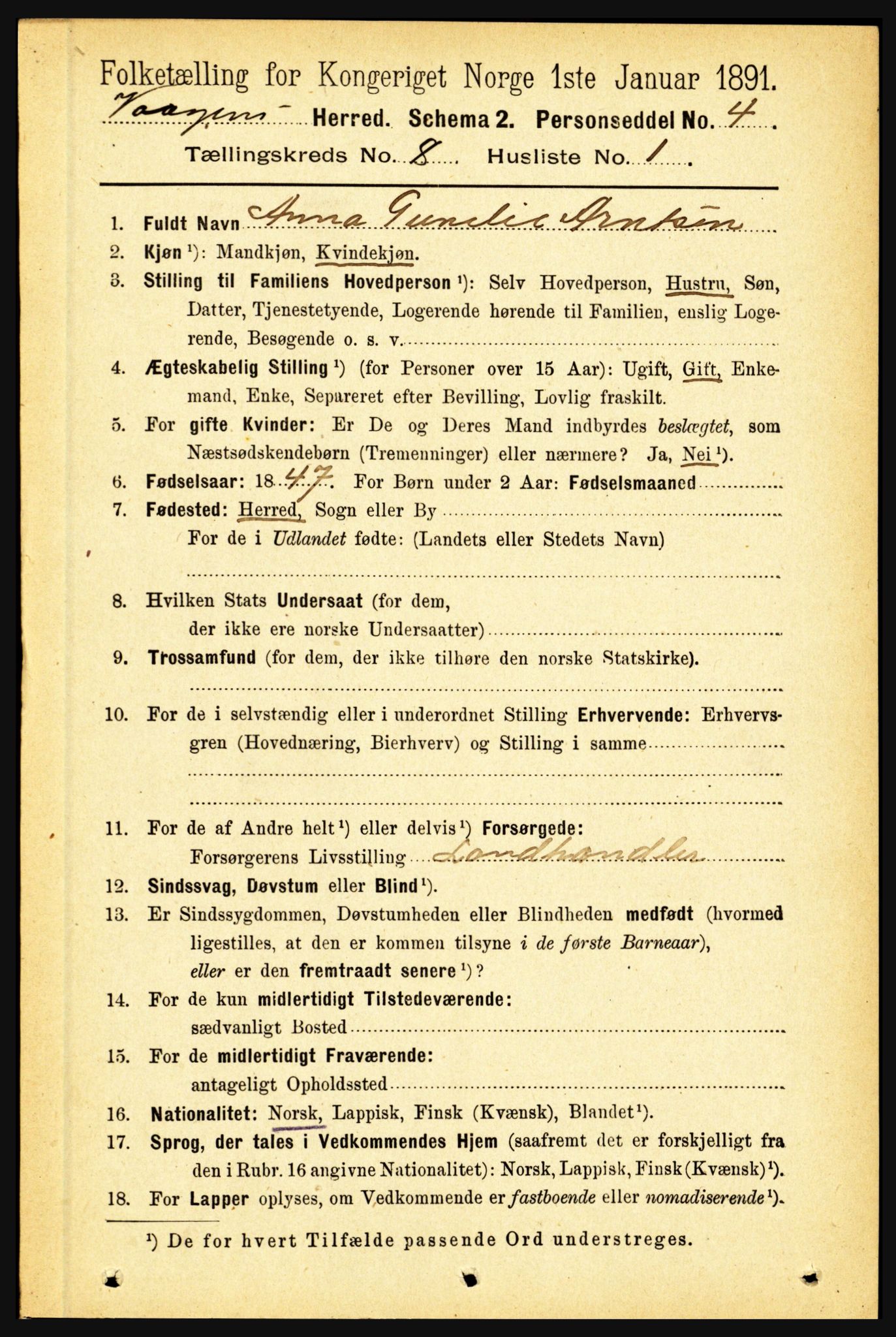 RA, 1891 census for 1865 Vågan, 1891, p. 2098