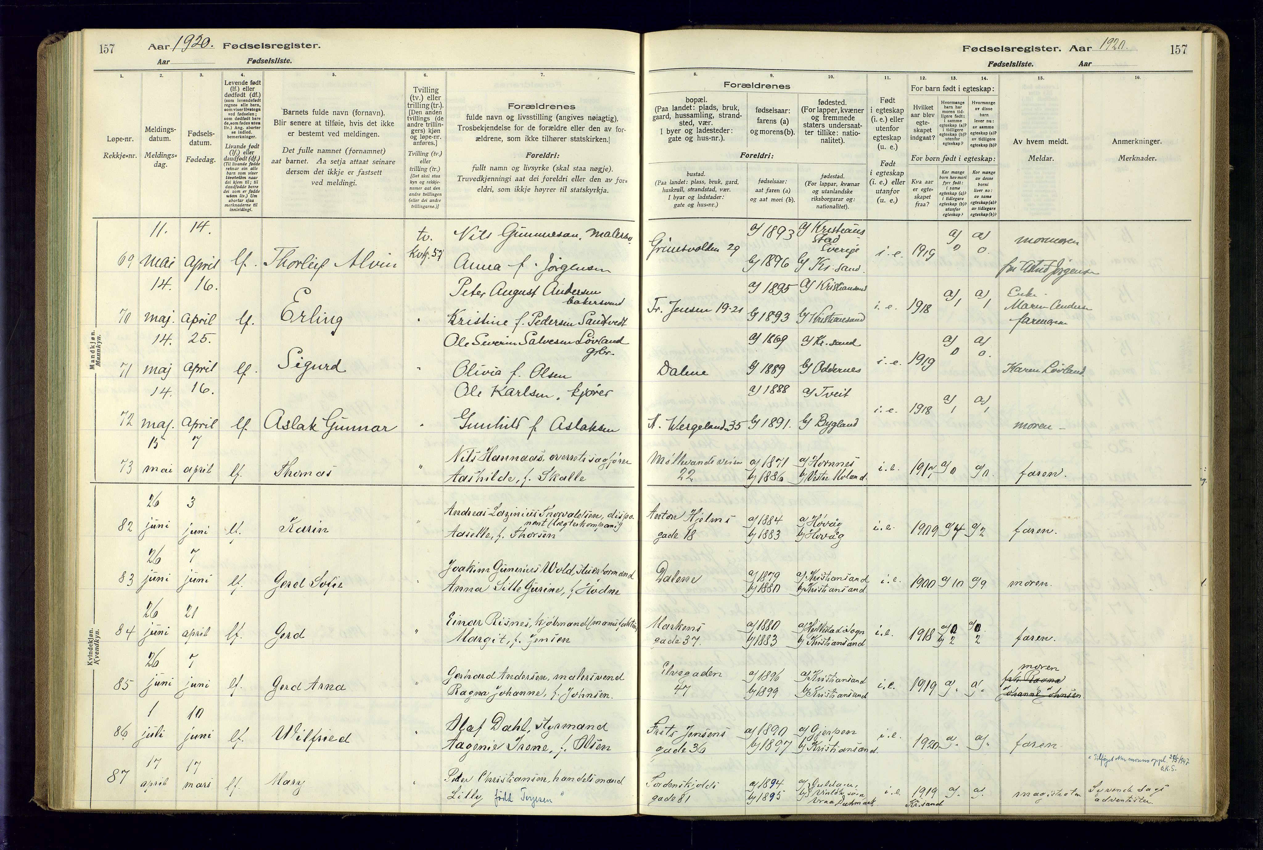 Kristiansand domprosti, AV/SAK-1112-0006/J/Jc/L0001: Birth register no. A-VI-45, 1916-1921, p. 157