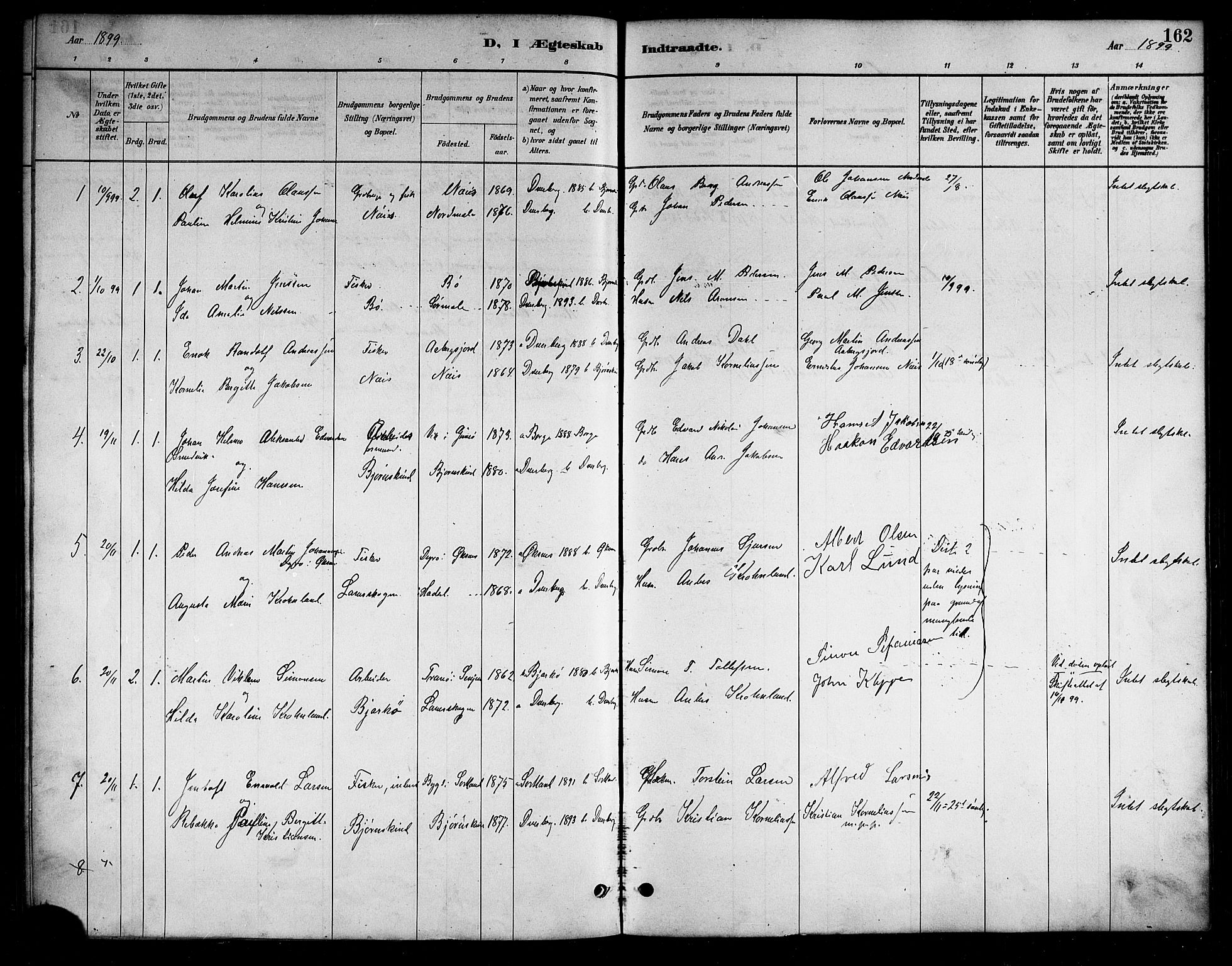 Ministerialprotokoller, klokkerbøker og fødselsregistre - Nordland, AV/SAT-A-1459/898/L1427: Parish register (copy) no. 898C02, 1887-1917, p. 162