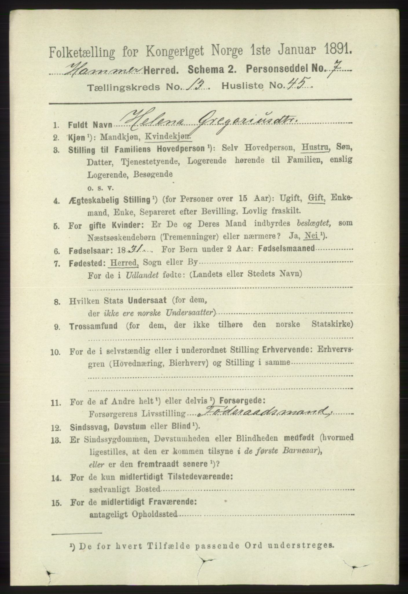 RA, 1891 census for 1254 Hamre, 1891, p. 4339