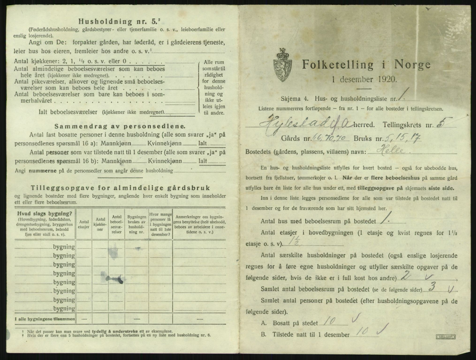 SAK, 1920 census for Hylestad, 1920, p. 236