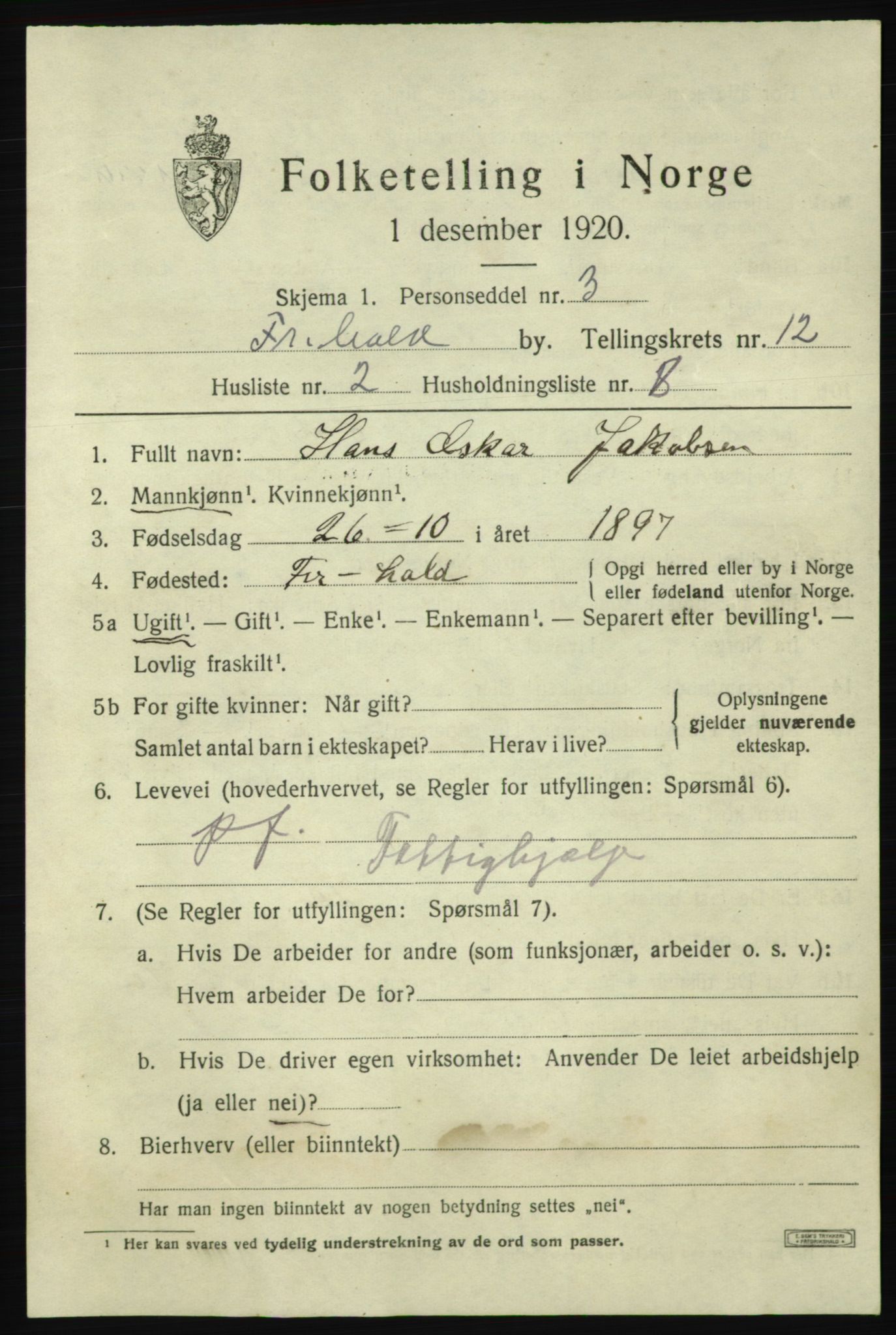 SAO, 1920 census for Fredrikshald, 1920, p. 19903