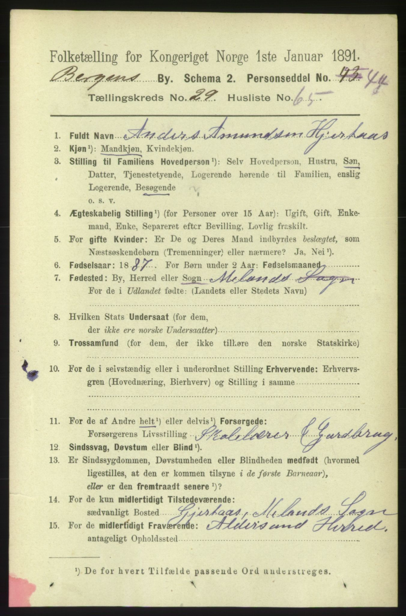 RA, 1891 Census for 1301 Bergen, 1891, p. 38087