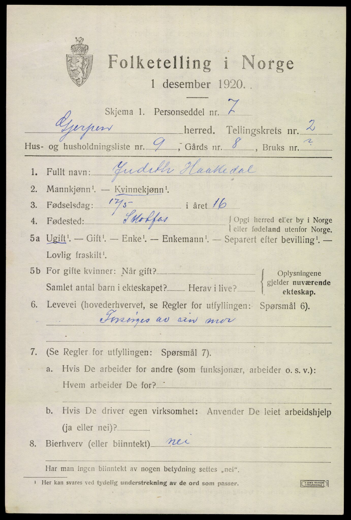 SAKO, 1920 census for Gjerpen, 1920, p. 4200