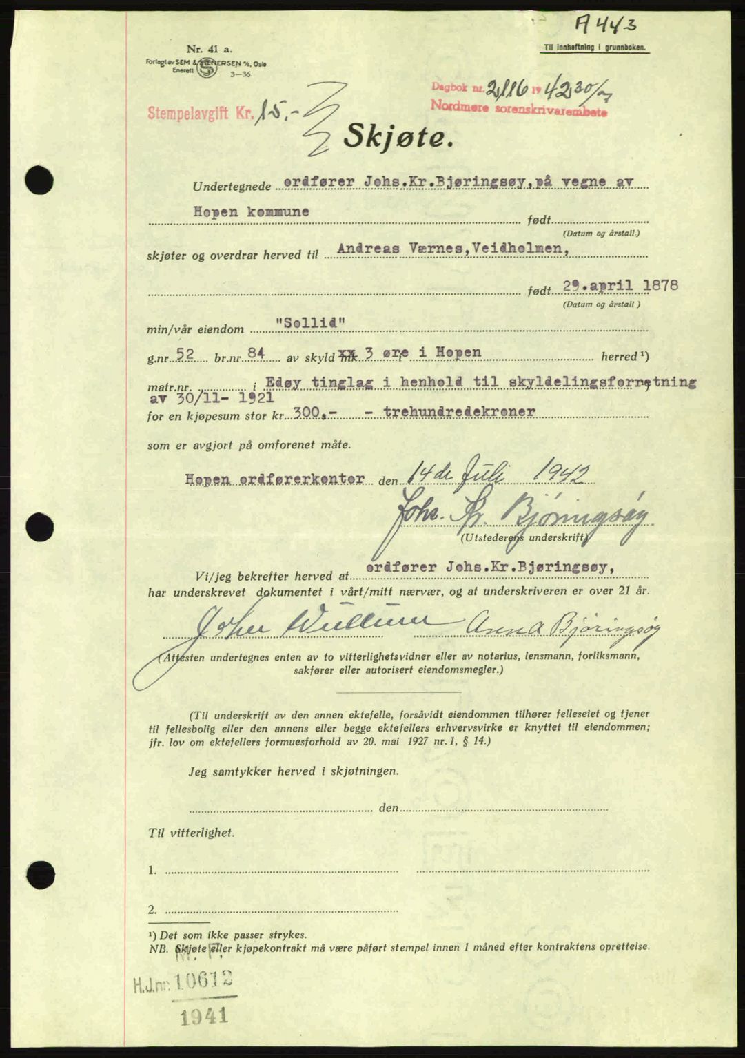 Nordmøre sorenskriveri, AV/SAT-A-4132/1/2/2Ca: Mortgage book no. A93, 1942-1942, Diary no: : 2116/1942