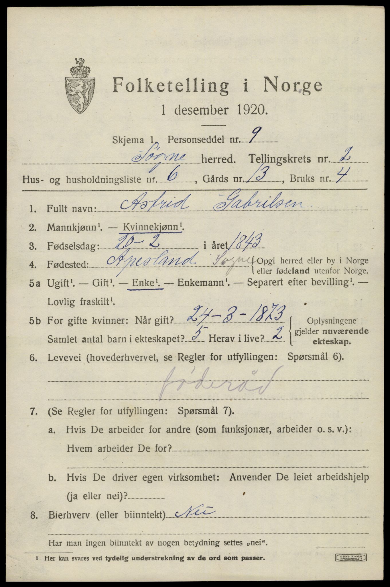 SAK, 1920 census for Søgne, 1920, p. 1509