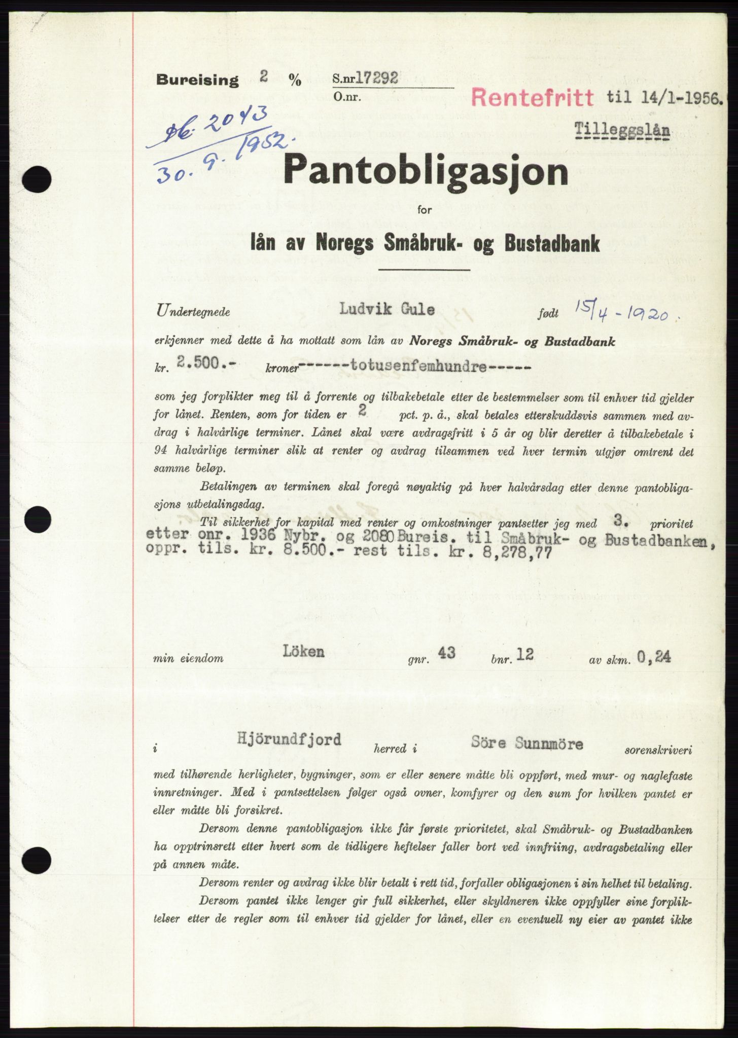 Søre Sunnmøre sorenskriveri, AV/SAT-A-4122/1/2/2C/L0122: Mortgage book no. 10B, 1952-1953, Diary no: : 2043/1952