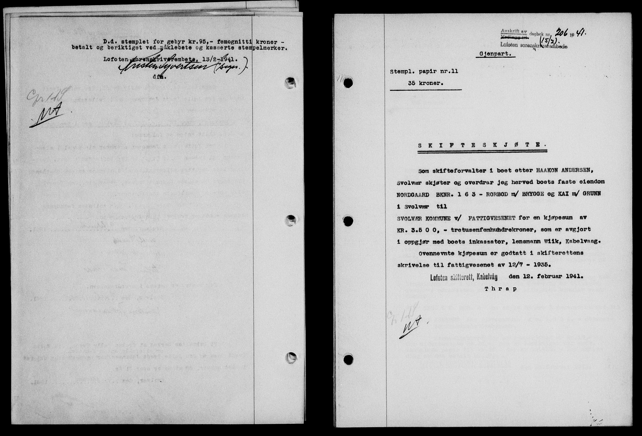 Lofoten sorenskriveri, SAT/A-0017/1/2/2C/L0008a: Mortgage book no. 8a, 1940-1941, Diary no: : 206/1941