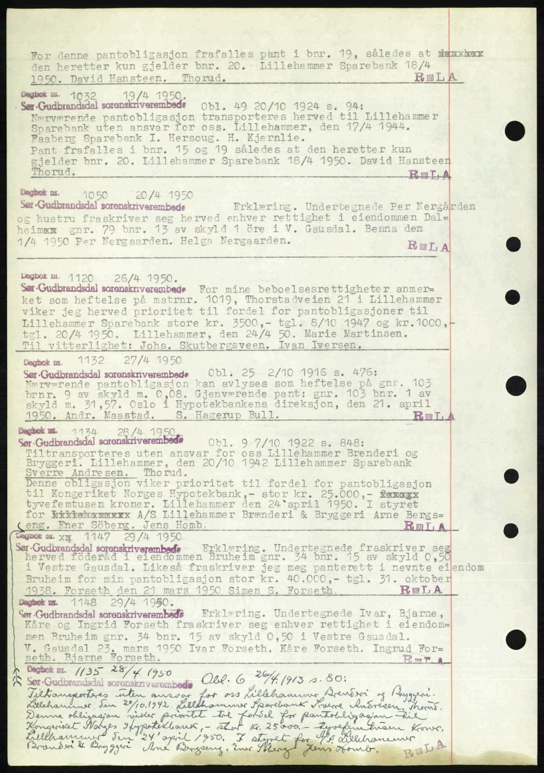 Sør-Gudbrandsdal tingrett, SAH/TING-004/H/Hb/Hbf/L0004: Mortgage book no. C5b, 1945-1951, Diary no: : 1032/1950