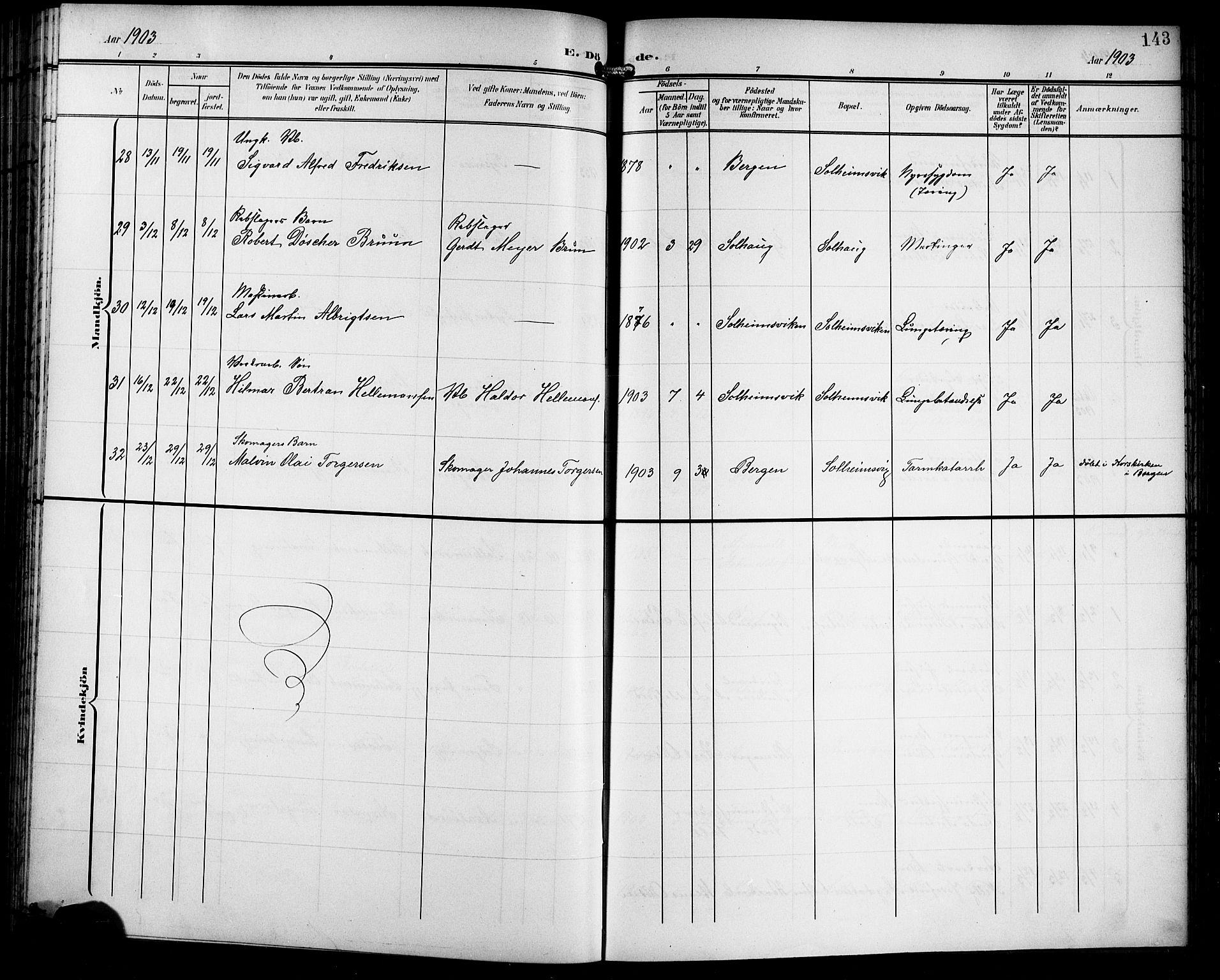 Årstad Sokneprestembete, AV/SAB-A-79301/H/Hab/L0018: Parish register (copy) no. C 1, 1902-1919, p. 143