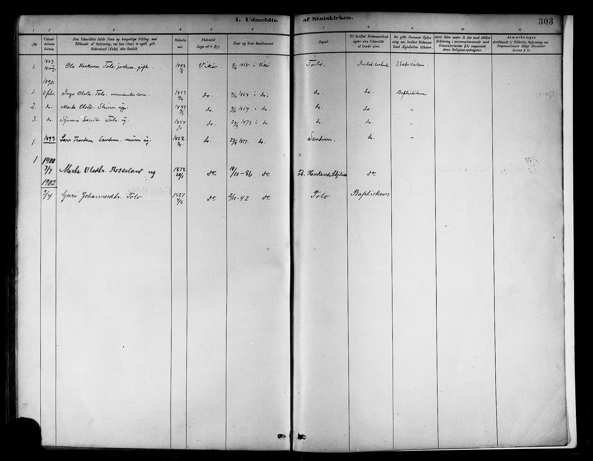Kvam sokneprestembete, SAB/A-76201/H/Hab: Parish register (copy) no. B 3, 1884-1916, p. 303