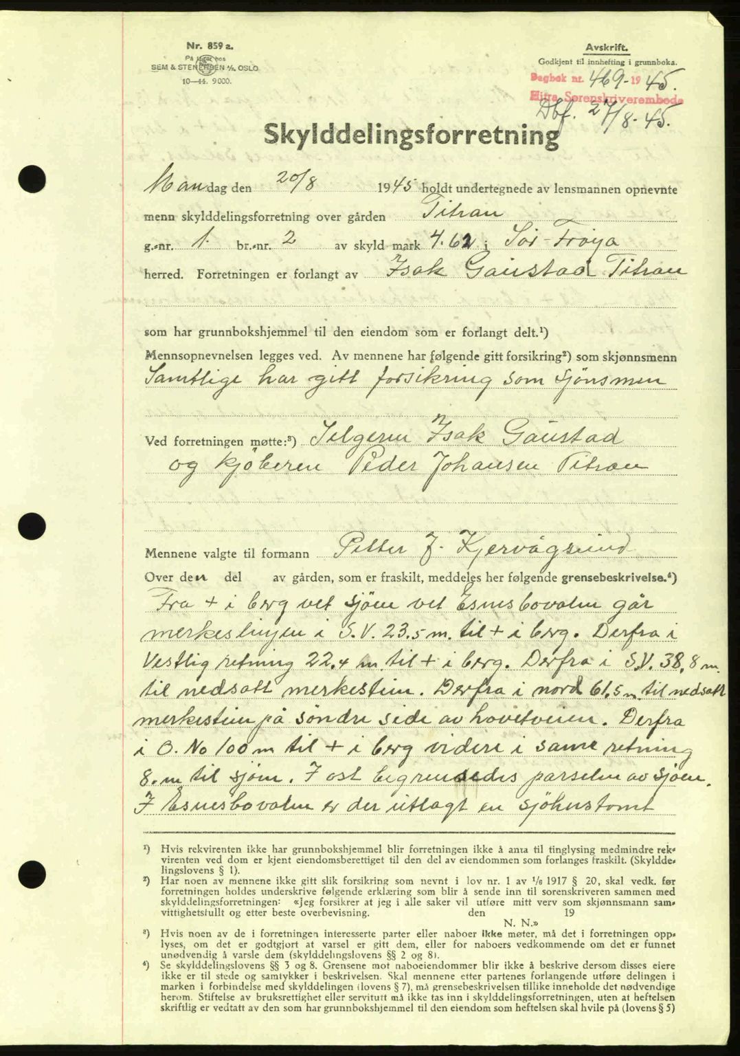 Hitra sorenskriveri, AV/SAT-A-0018/2/2C/2Ca: Mortgage book no. A2, 1943-1945, Diary no: : 469/1945