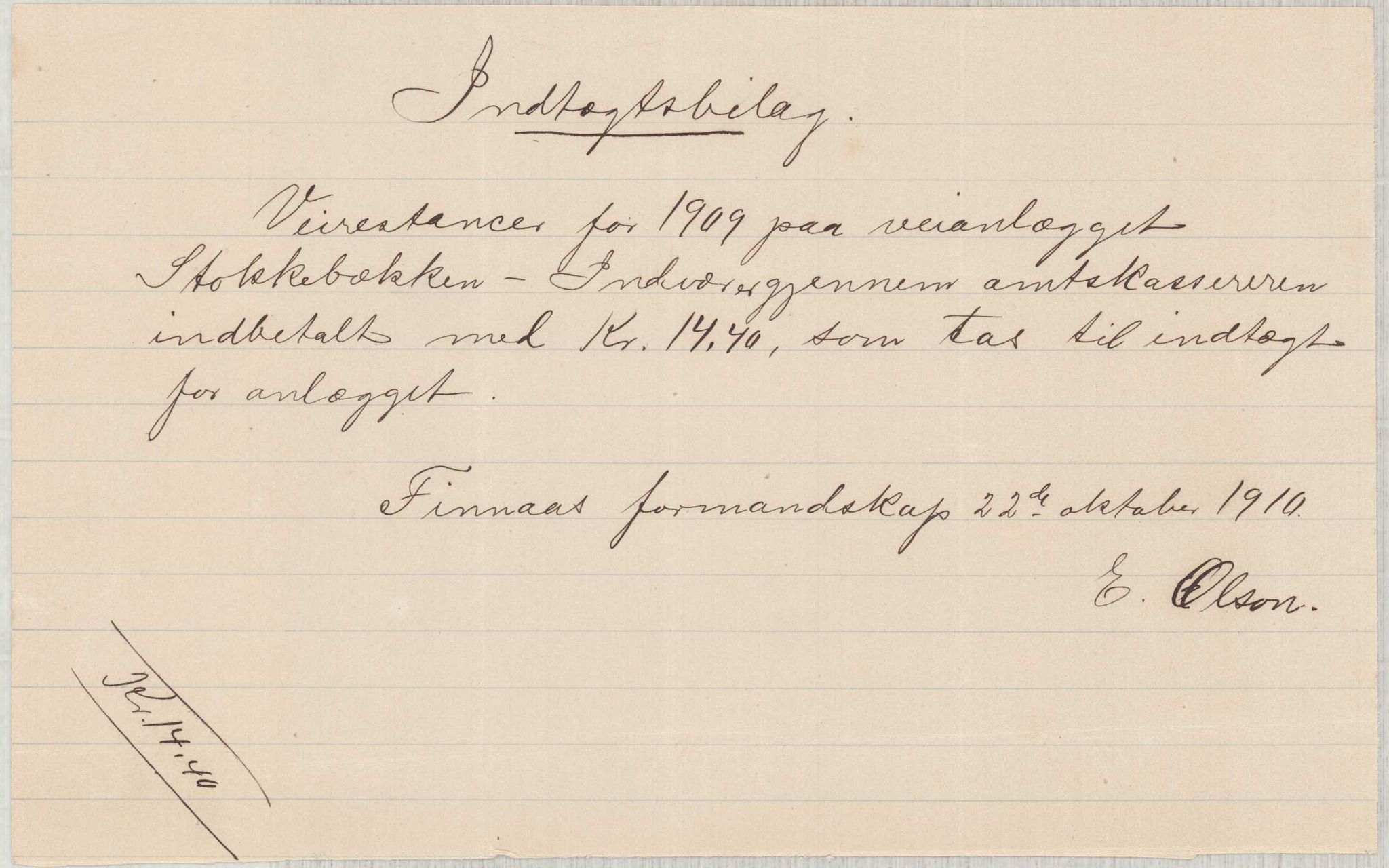 Finnaas kommune. Formannskapet, IKAH/1218a-021/E/Ea/L0001/0006: Rekneskap for veganlegg / Rekneskap for veganlegget Sønstabø - Olakjødn, 1909-1914, p. 21