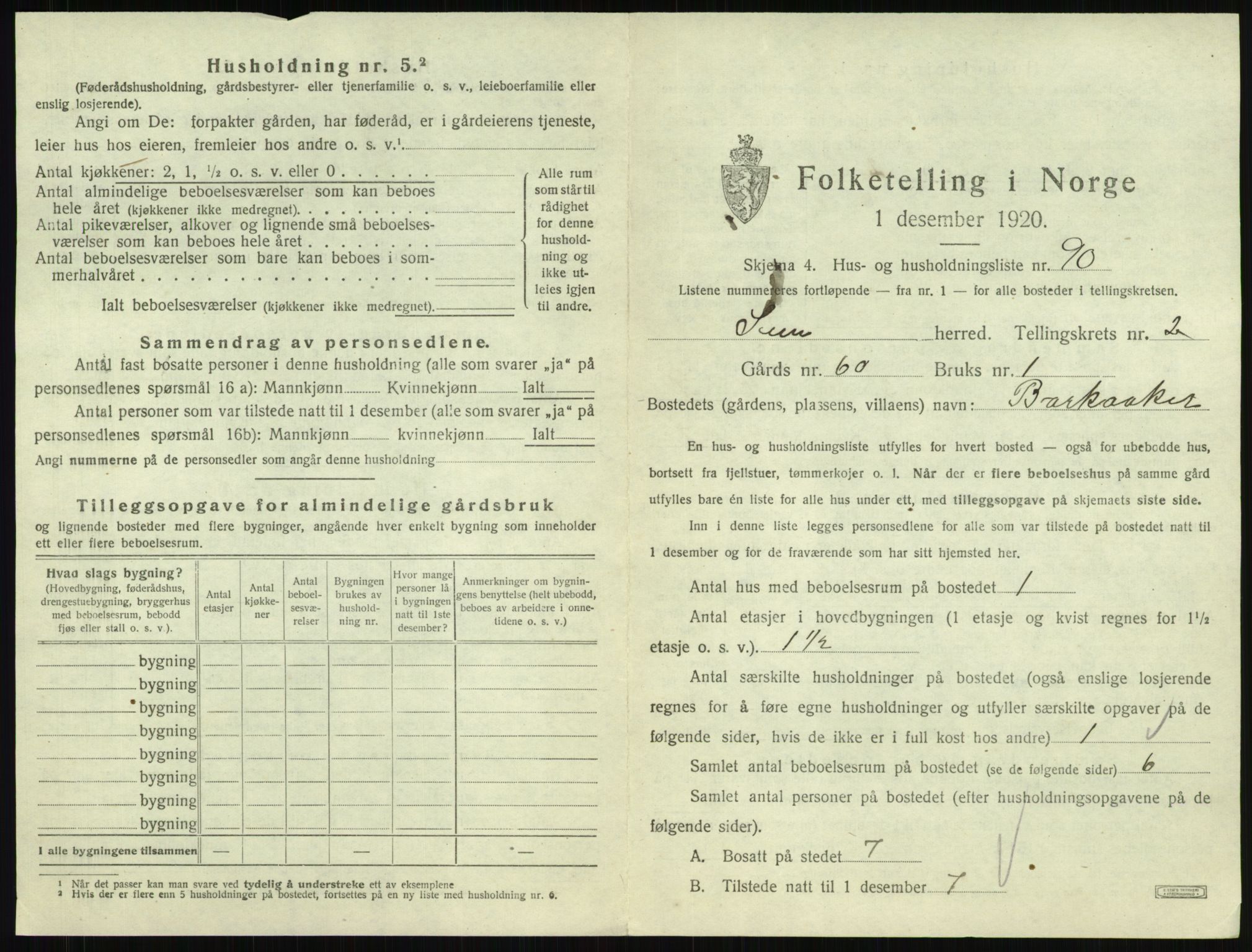 SAKO, 1920 census for Sem, 1920, p. 613