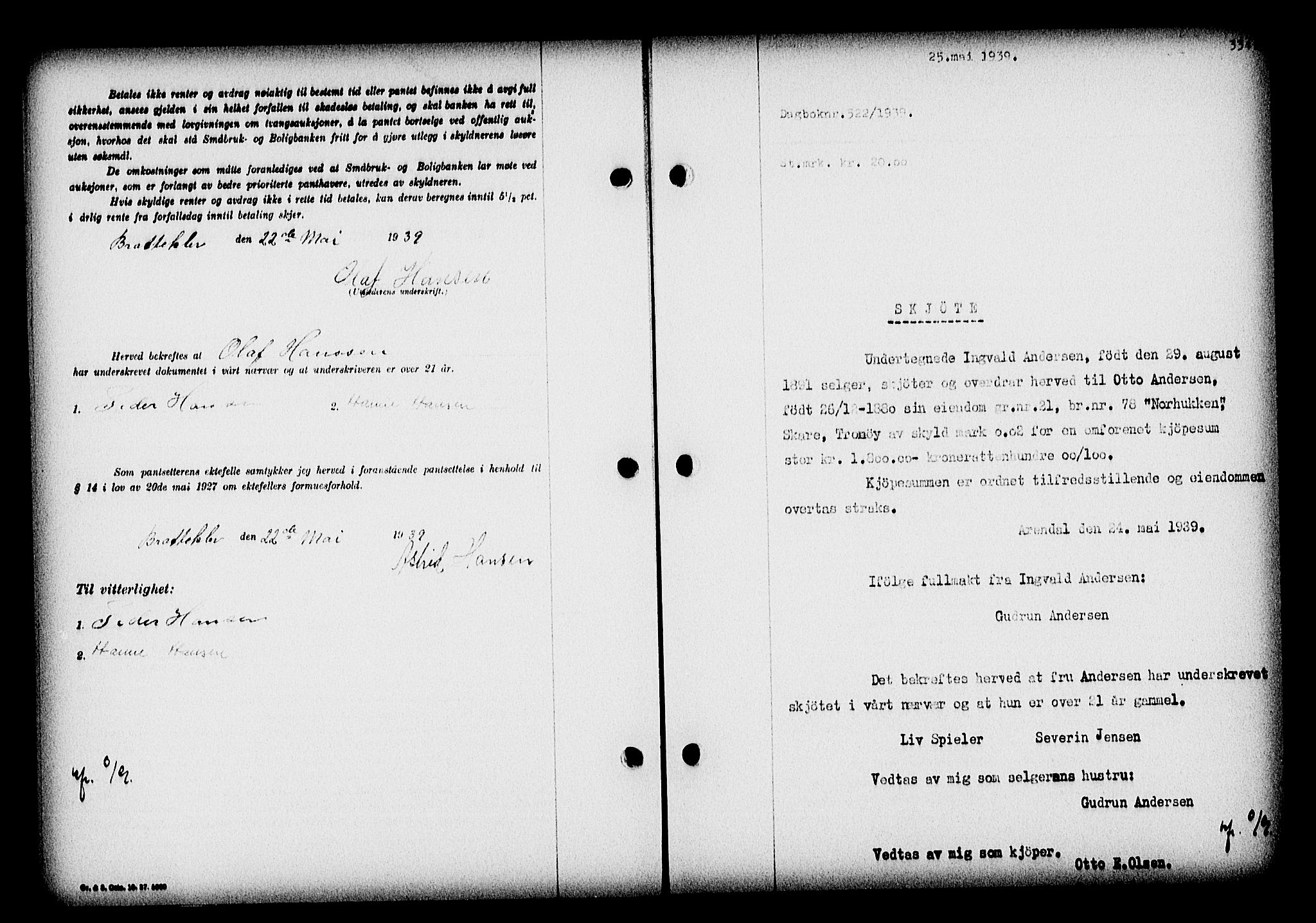Nedenes sorenskriveri, SAK/1221-0006/G/Gb/Gba/L0046: Mortgage book no. 42, 1938-1939, Diary no: : 522/1939