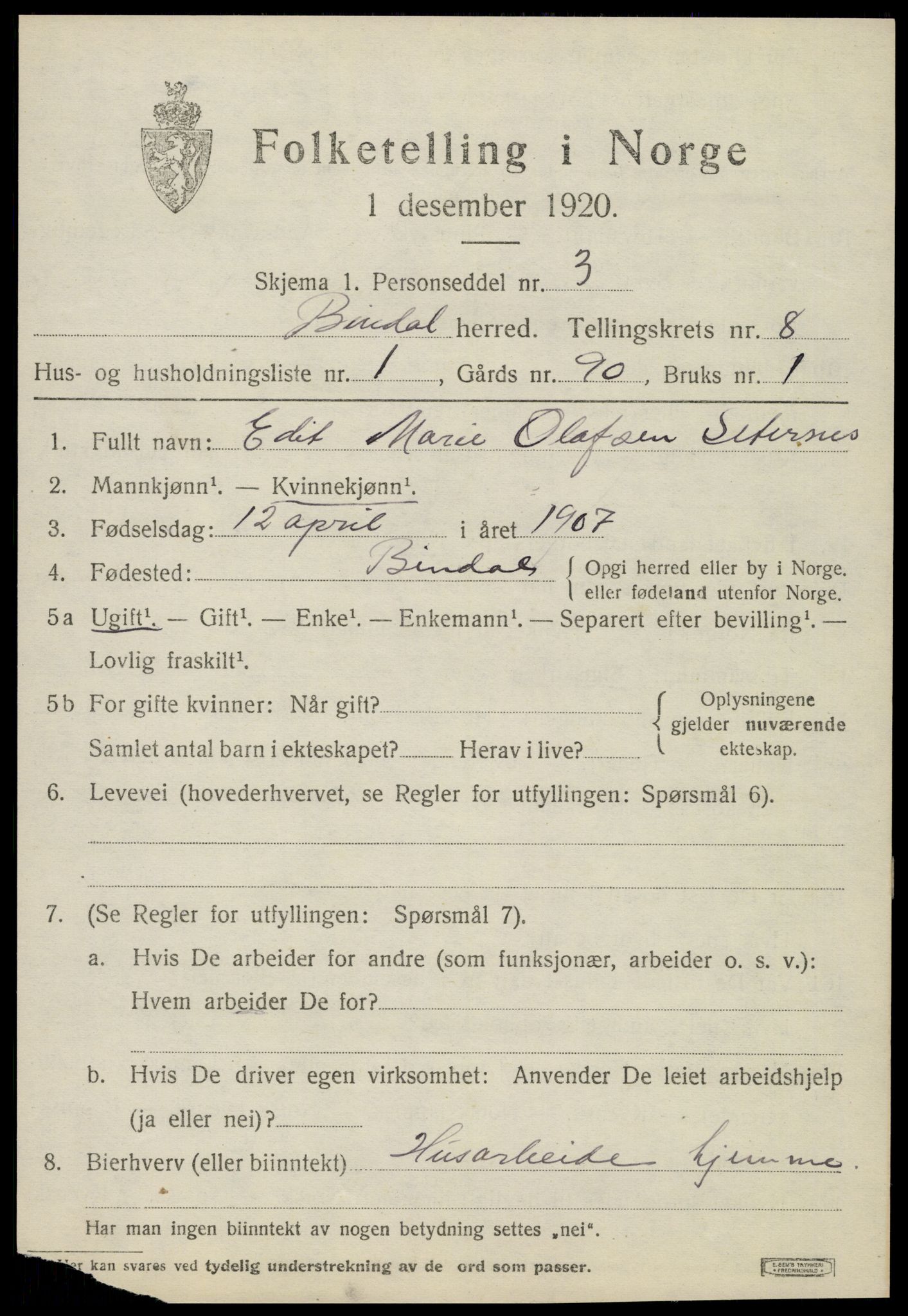 SAT, 1920 census for Bindal, 1920, p. 5901