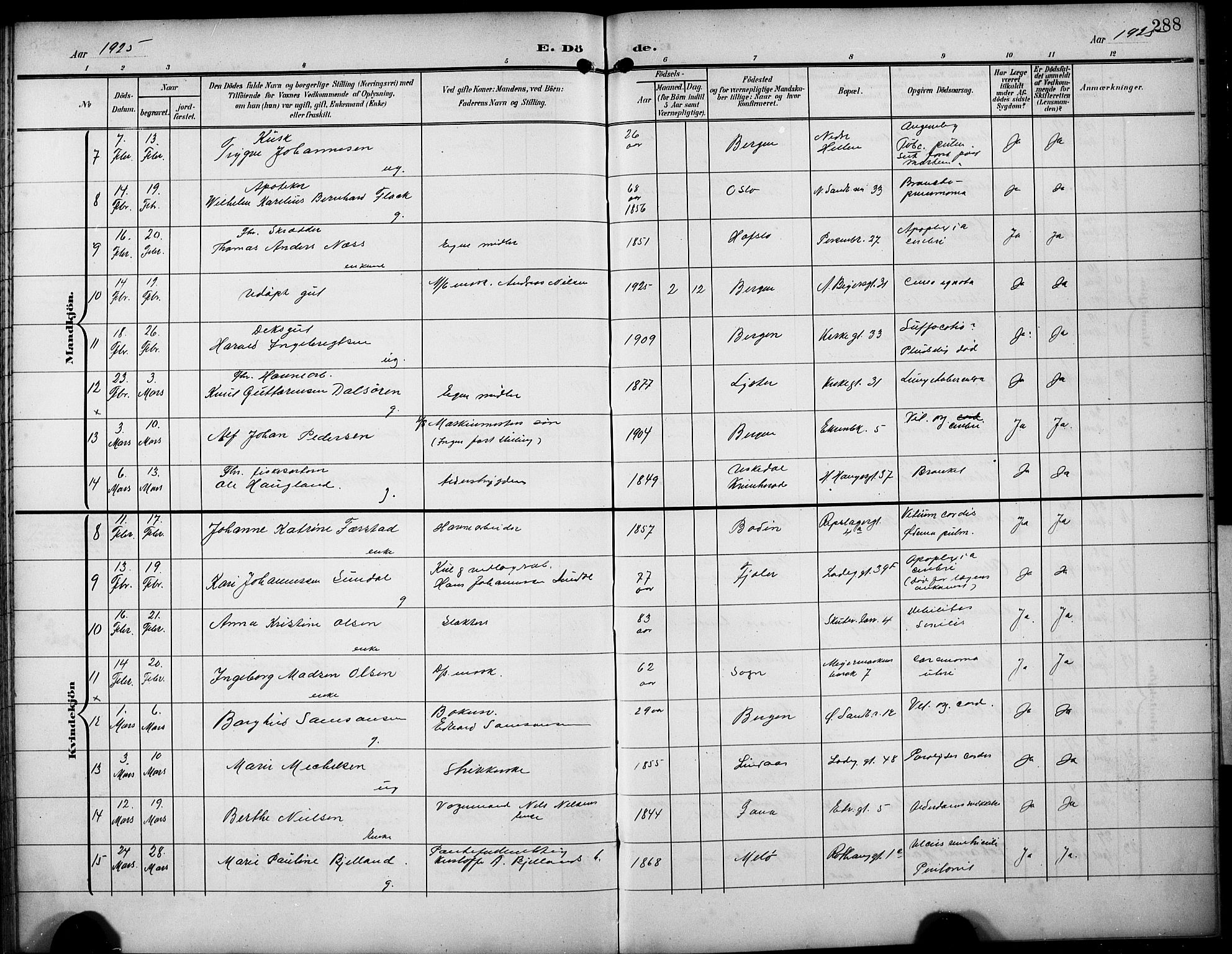 Sandviken Sokneprestembete, AV/SAB-A-77601/H/Hb/L0017: Parish register (copy) no. E 1, 1903-1926, p. 288