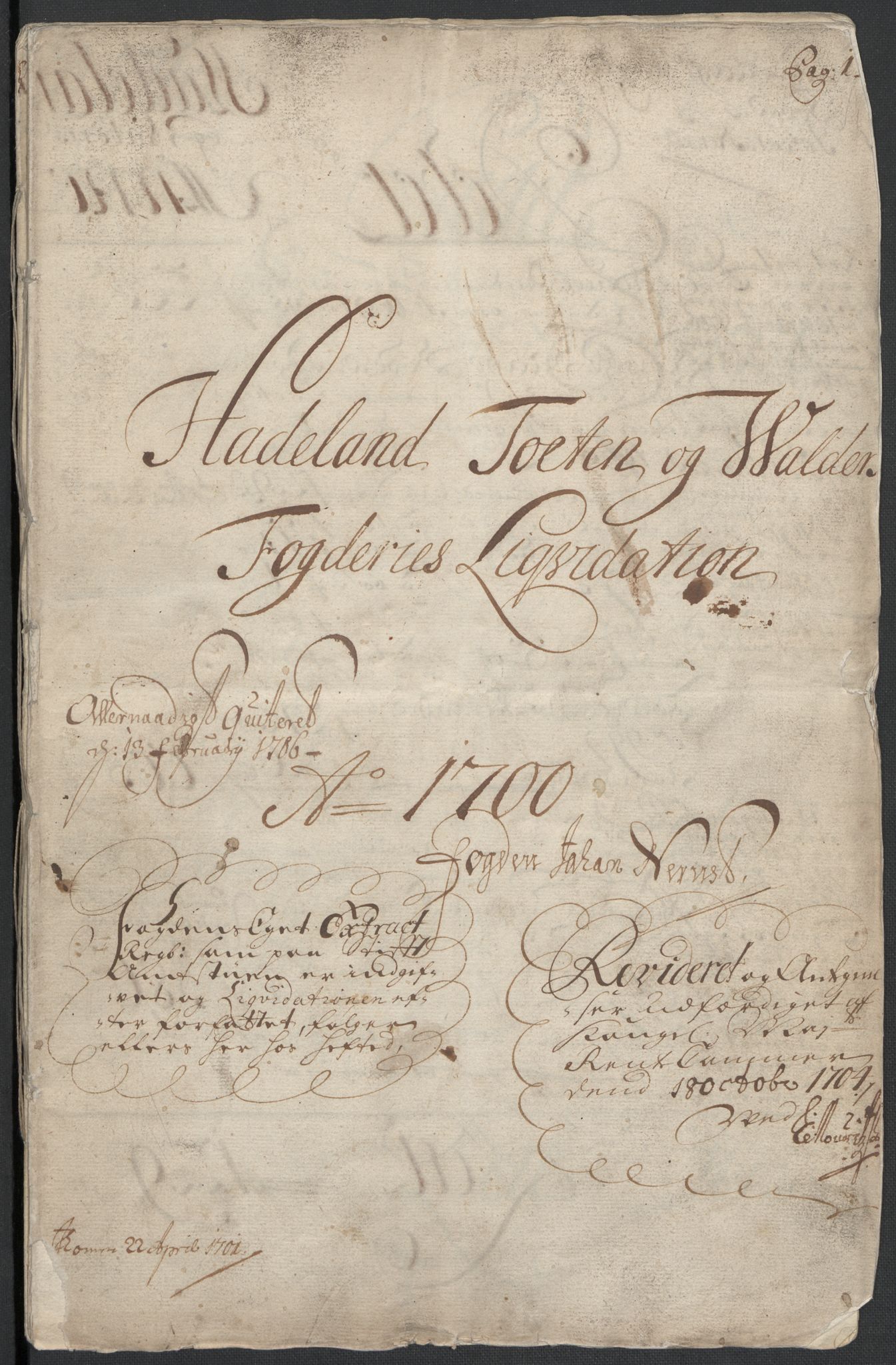 Rentekammeret inntil 1814, Reviderte regnskaper, Fogderegnskap, AV/RA-EA-4092/R18/L1298: Fogderegnskap Hadeland, Toten og Valdres, 1700, p. 3