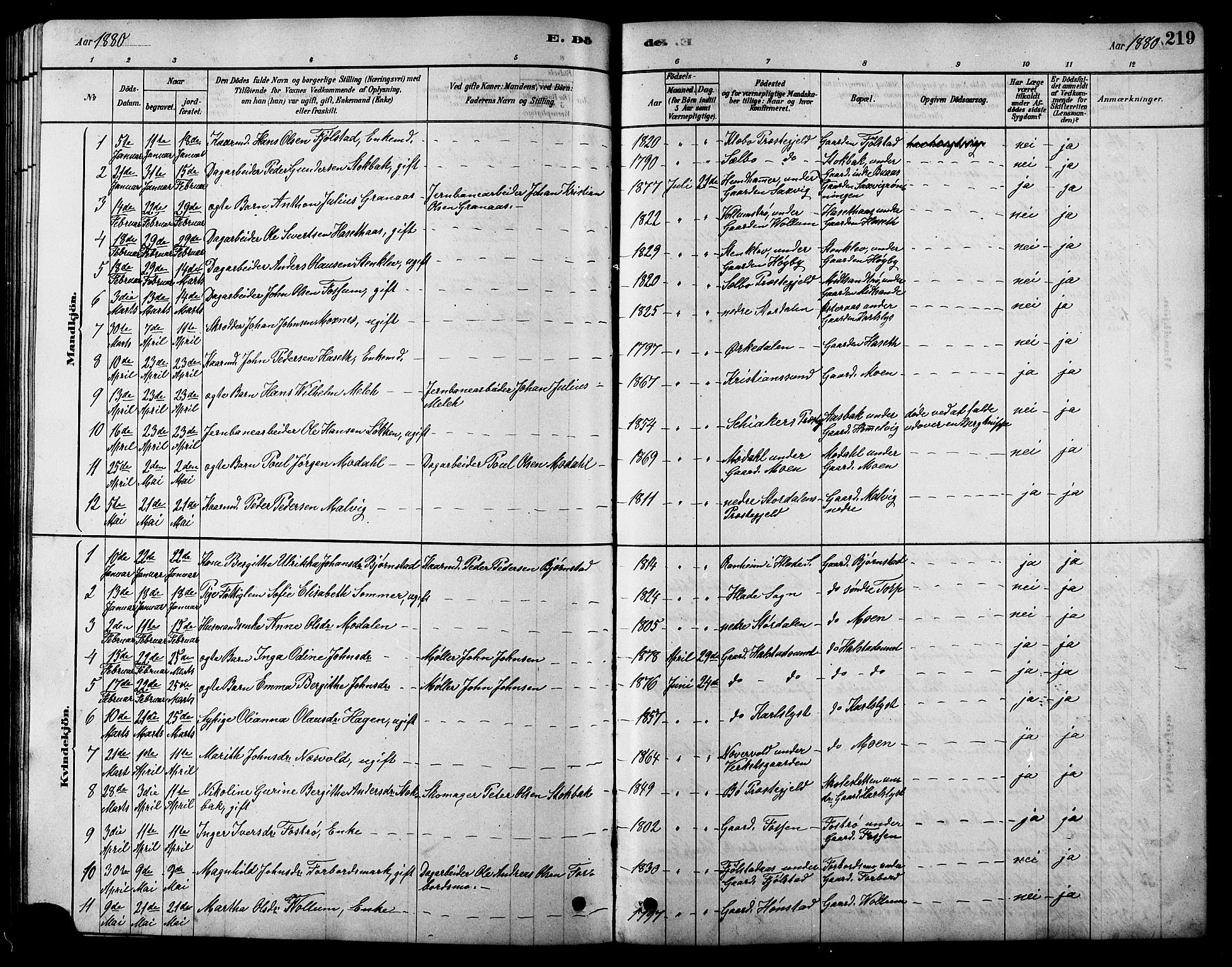 Ministerialprotokoller, klokkerbøker og fødselsregistre - Sør-Trøndelag, SAT/A-1456/616/L0423: Parish register (copy) no. 616C06, 1878-1903, p. 219