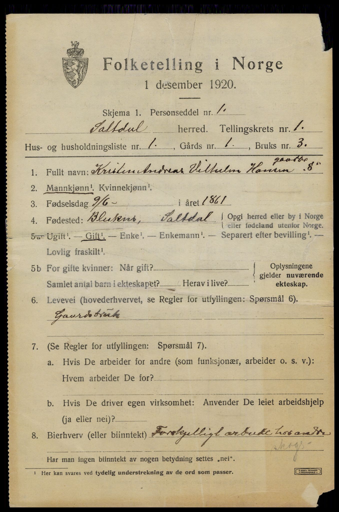 SAT, 1920 census for Saltdal, 1920, p. 1227