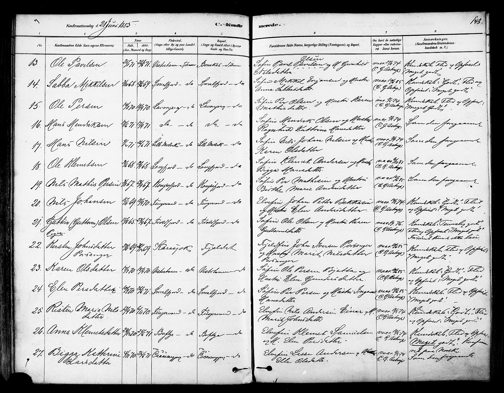Tana sokneprestkontor, SATØ/S-1334/H/Ha/L0004kirke: Parish register (official) no. 4, 1878-1891, p. 143