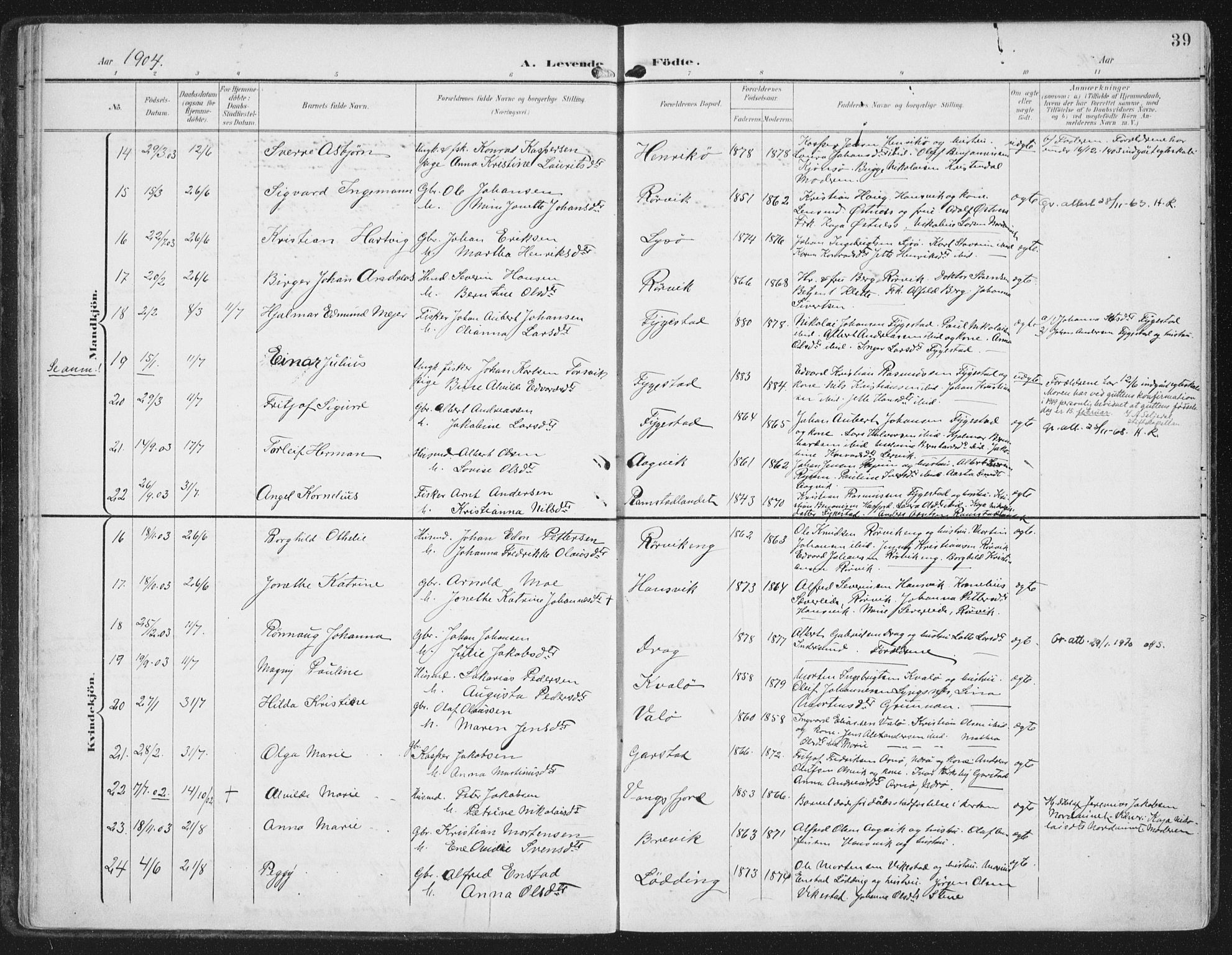 Ministerialprotokoller, klokkerbøker og fødselsregistre - Nord-Trøndelag, AV/SAT-A-1458/786/L0688: Parish register (official) no. 786A04, 1899-1912, p. 39