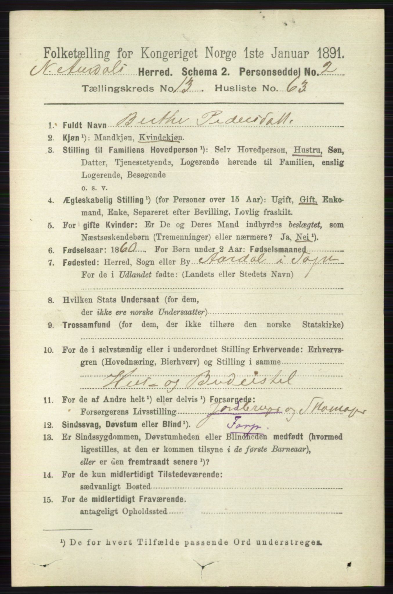 RA, 1891 census for 0542 Nord-Aurdal, 1891, p. 5130