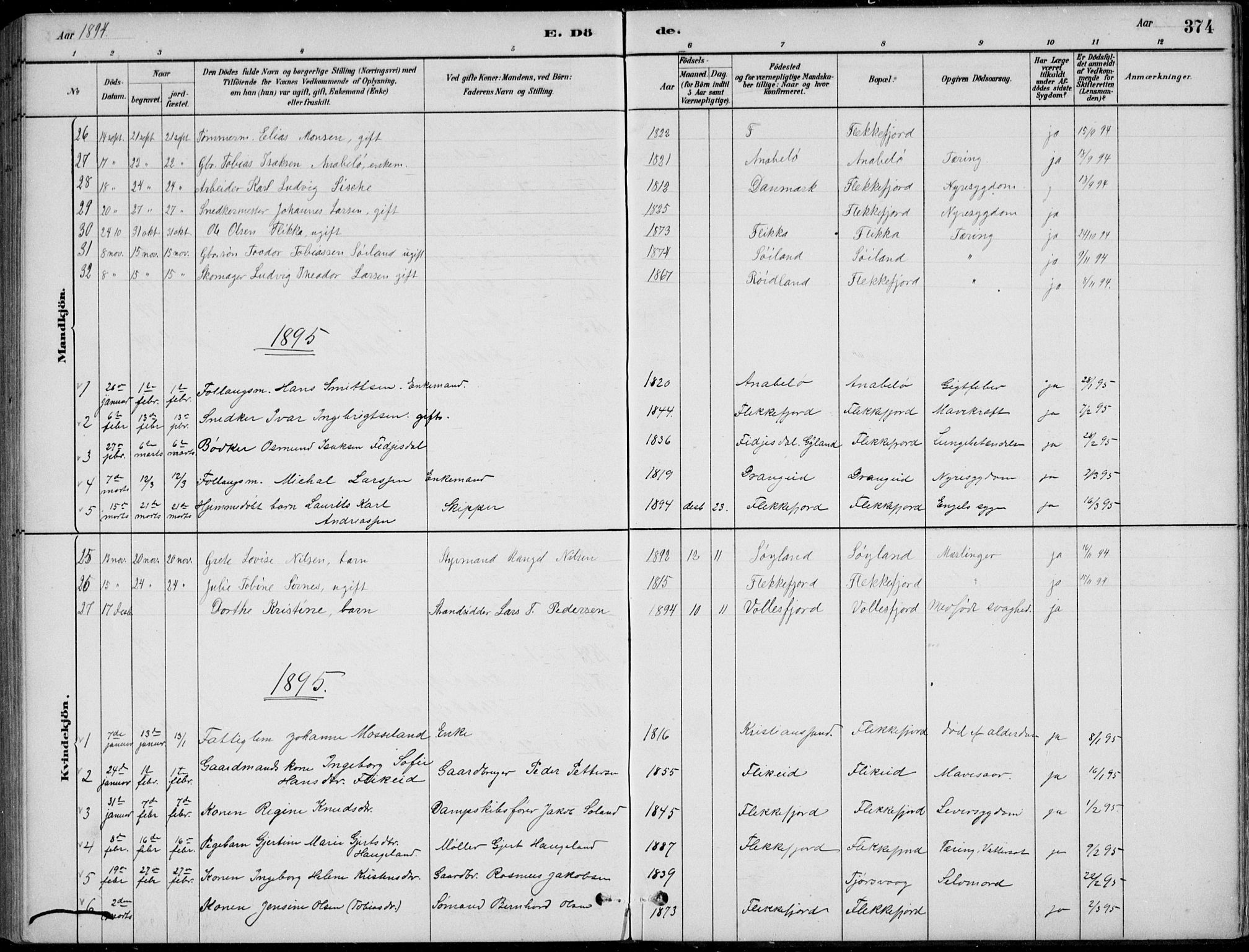 Flekkefjord sokneprestkontor, SAK/1111-0012/F/Fb/Fbc/L0007: Parish register (copy) no. B 7, 1880-1902, p. 374