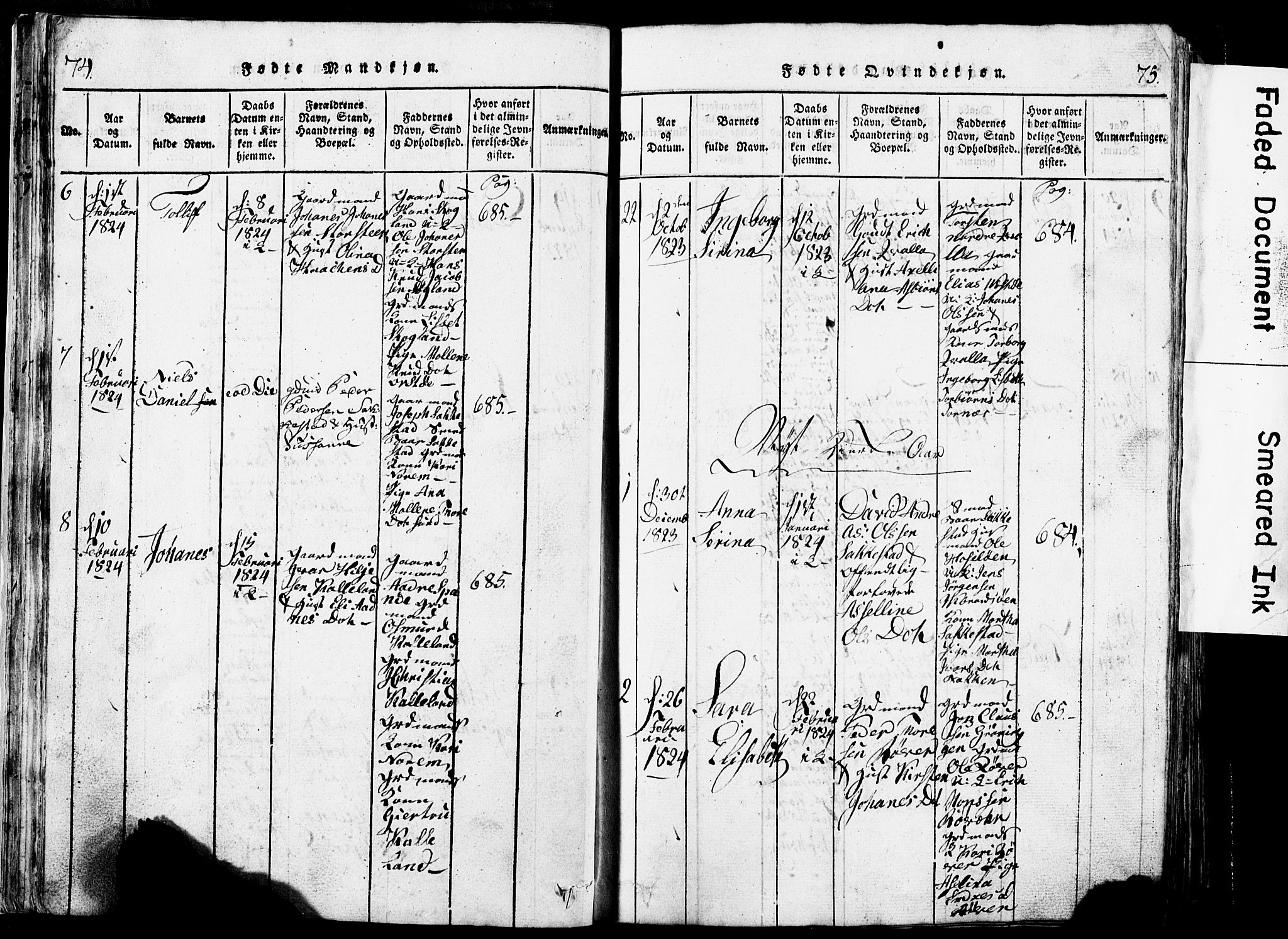 Torvastad sokneprestkontor, AV/SAST-A -101857/H/Ha/Hab/L0002: Parish register (copy) no. B 2, 1817-1834, p. 74-75