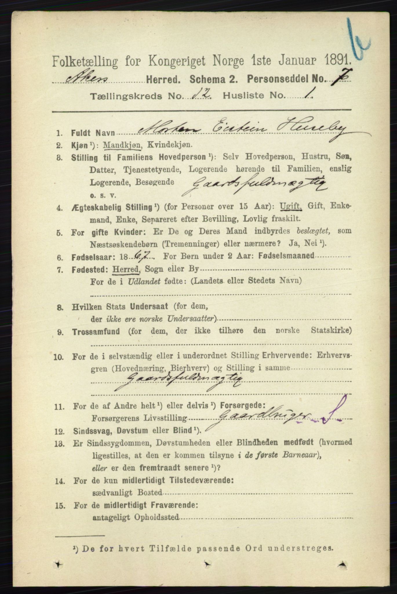 RA, 1891 census for 0218 Aker, 1891, p. 11406