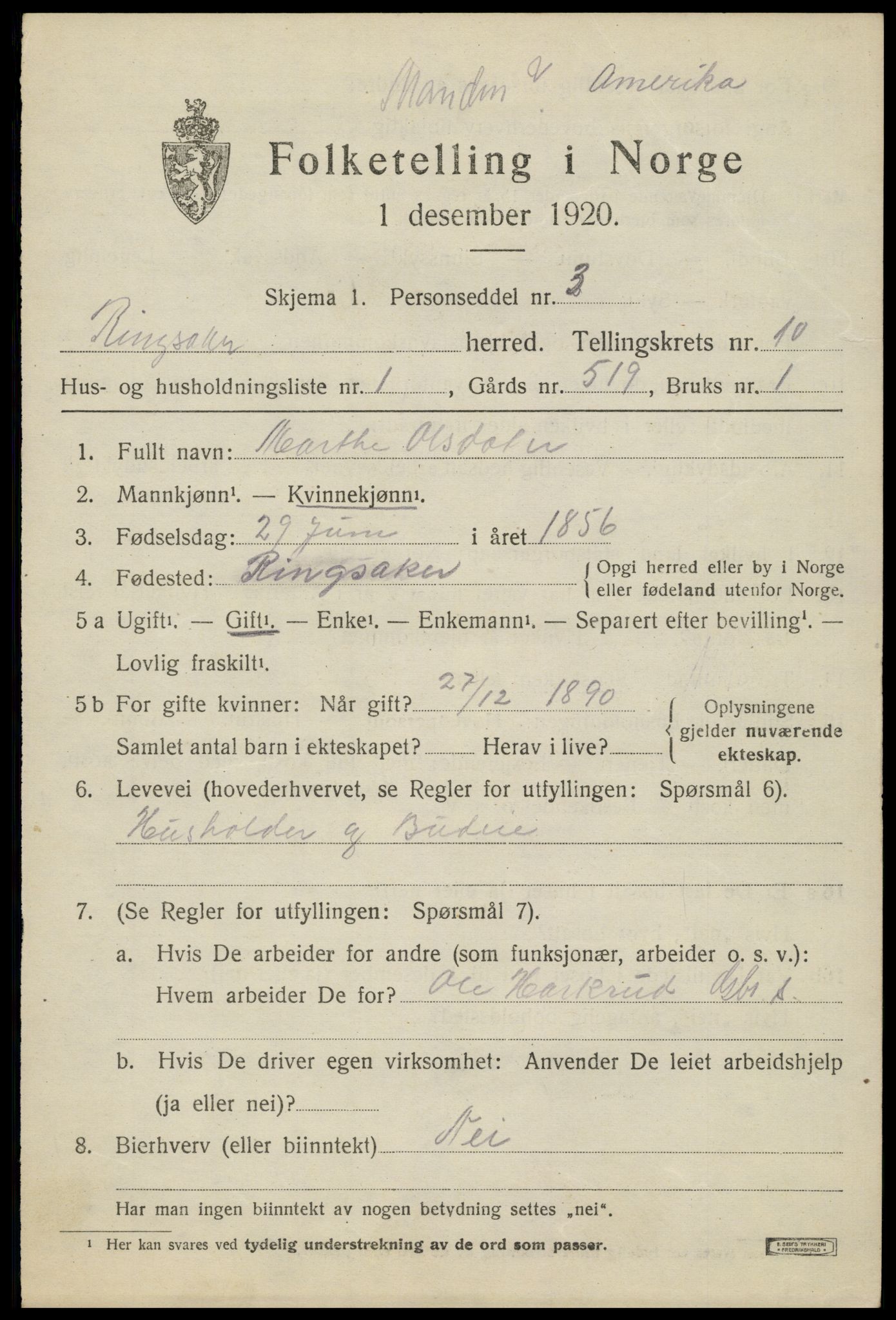 SAH, 1920 census for Ringsaker, 1920, p. 18194