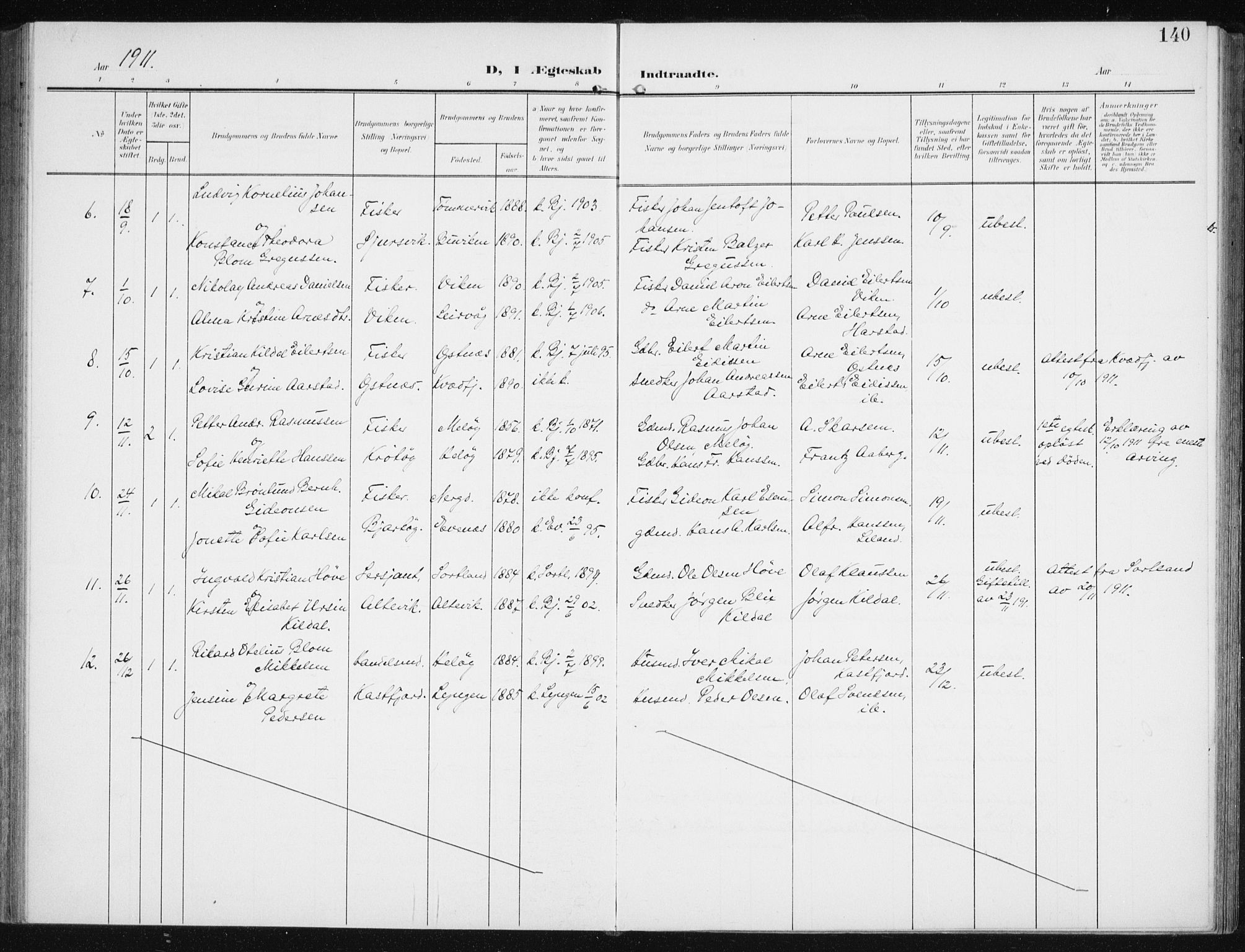 Sand/Bjarkøy sokneprestkontor, AV/SATØ-S-0811/I/Ia/Iaa/L0005kirke: Parish register (official) no. 5, 1905-1914, p. 140
