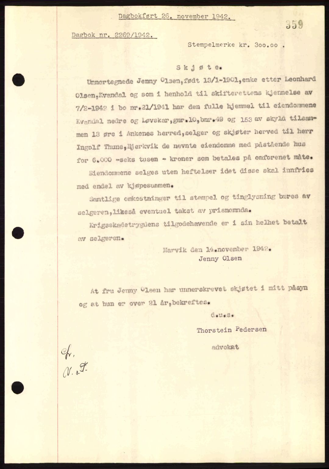 Steigen og Ofoten sorenskriveri, AV/SAT-A-0030/1/2/2C: Mortgage book no. A9-12, 1942-1946, Diary no: : 2269/1942