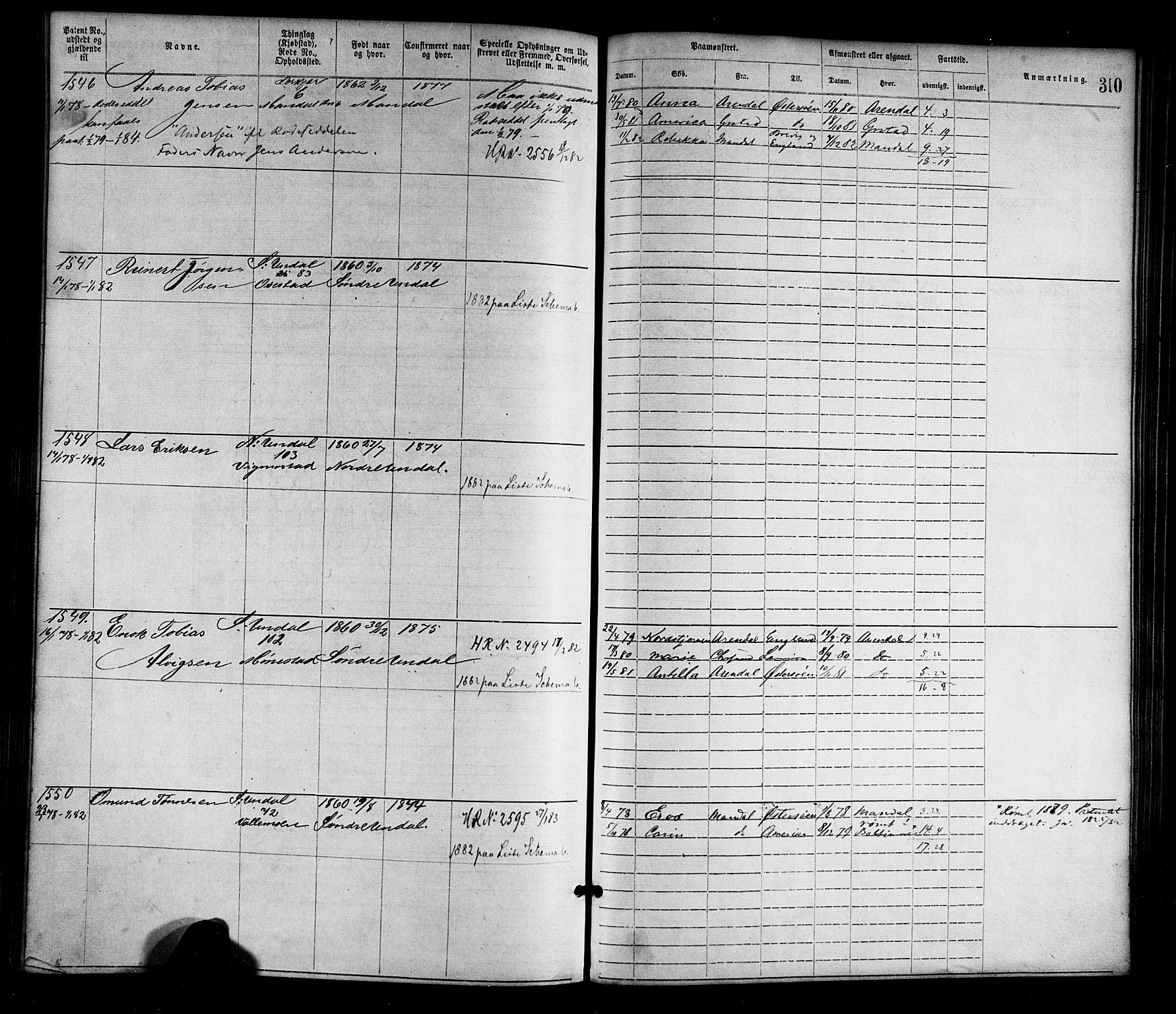 Mandal mønstringskrets, SAK/2031-0016/F/Fa/L0001: Annotasjonsrulle nr 1-1920 med register, L-3, 1869-1881, p. 348