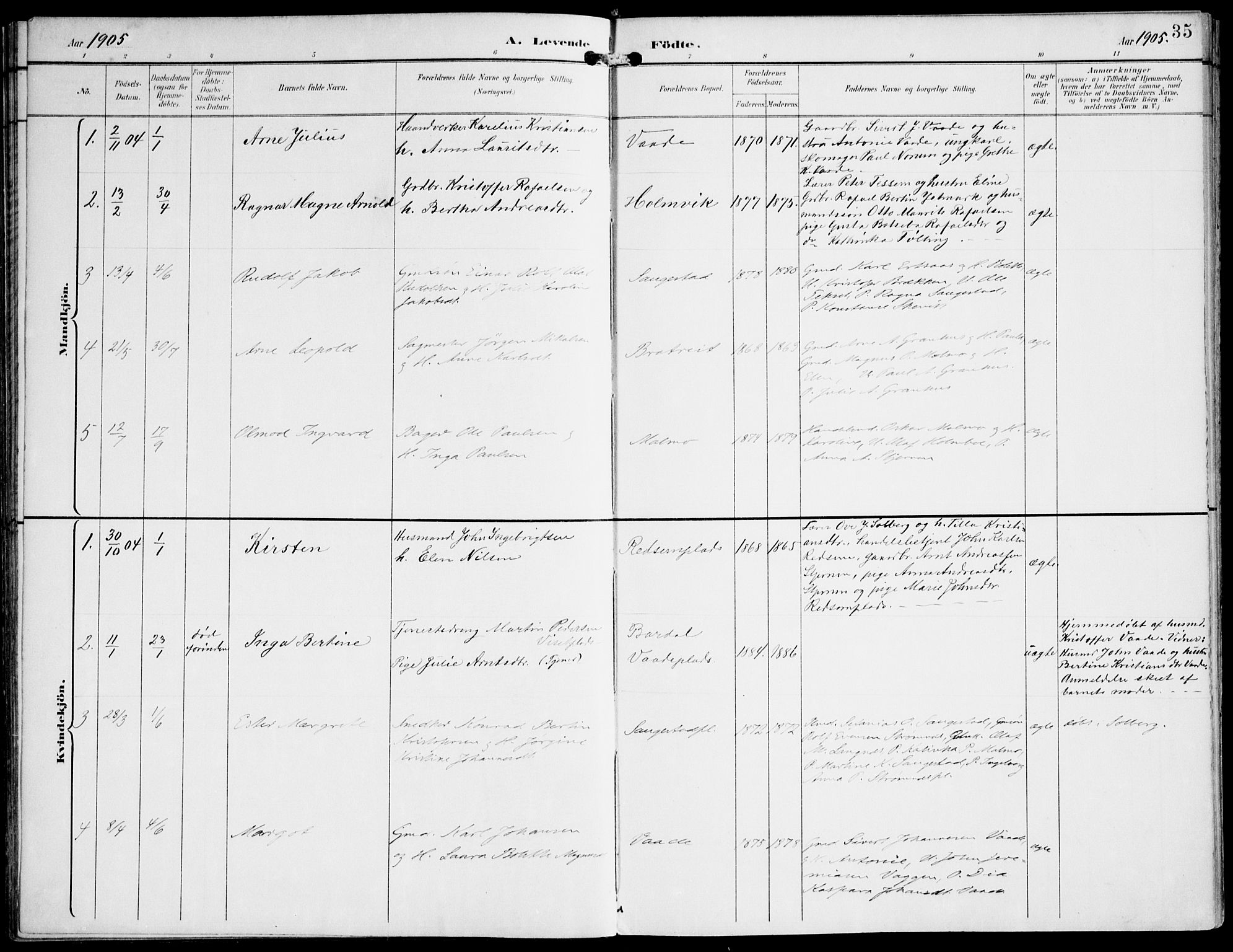 Ministerialprotokoller, klokkerbøker og fødselsregistre - Nord-Trøndelag, AV/SAT-A-1458/745/L0430: Parish register (official) no. 745A02, 1895-1913, p. 35